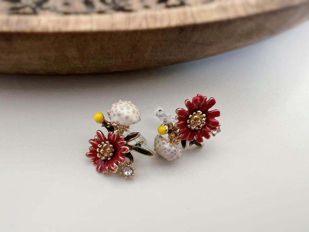Clips d'oreilles Grandes fleurs rouge jaune pissenlit blanc feuille vert zircon. boucles d'oreilles CLIPS Invisible confortable