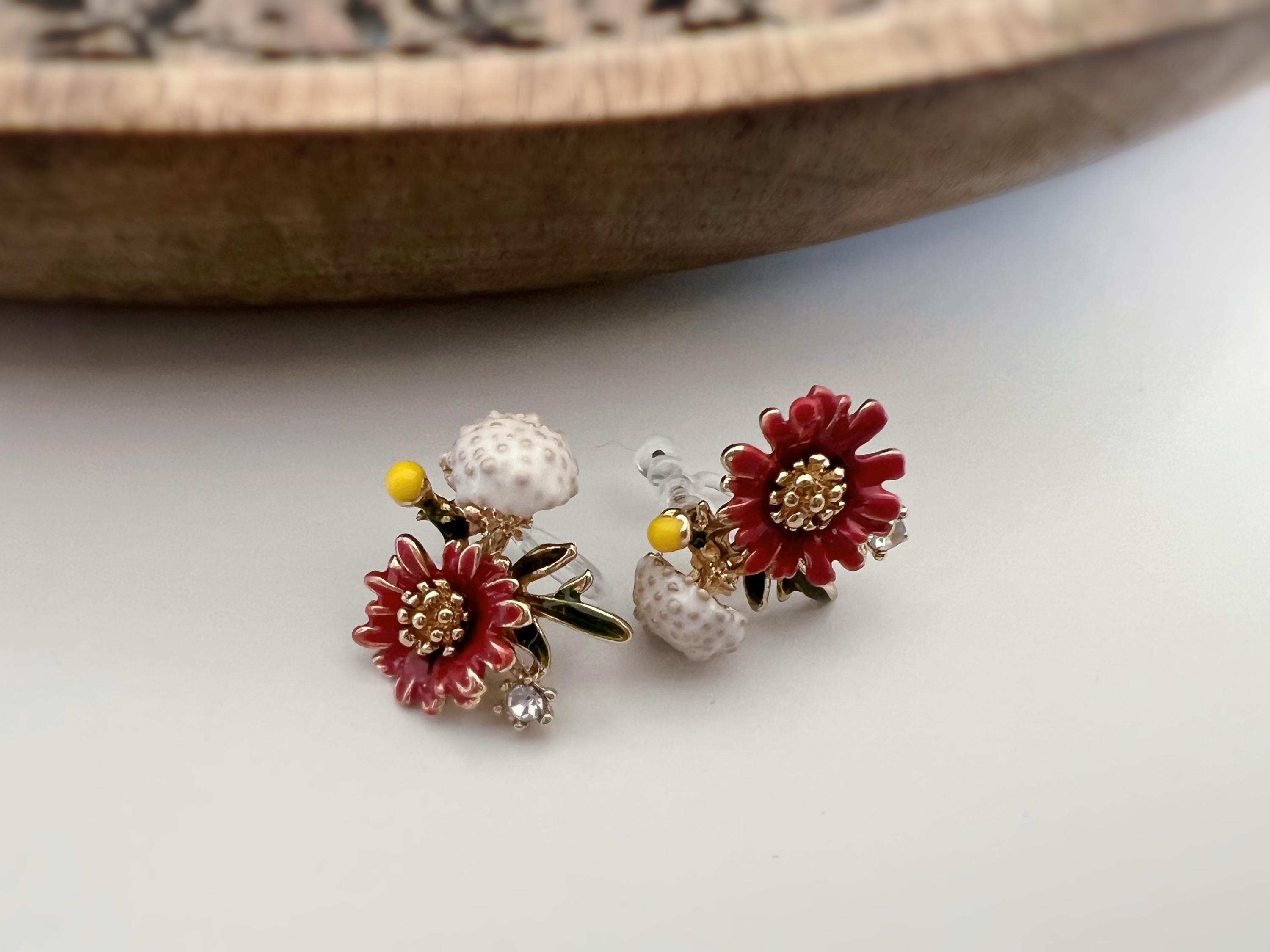 Clips d'oreilles Grandes fleurs rouge jaune pissenlit blanc feuille vert zircon. boucles d'oreilles CLIPS Invisible confortable