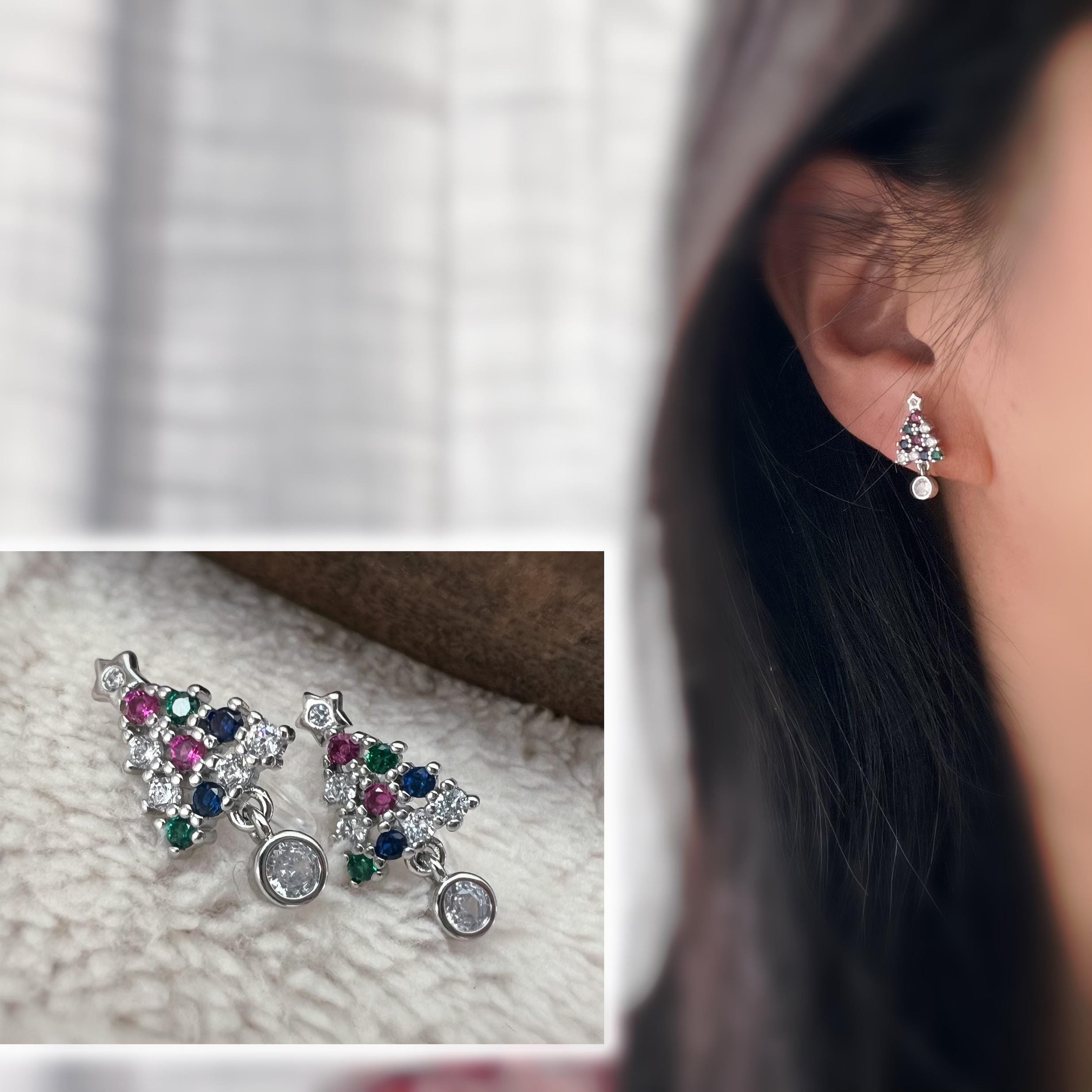 Sapin de Noël 2cm Clips Invisible Or/ Argent ornées de strass colorés rouge vert bleu Boucles d'oreilles clips Cadeaux Noël Prêt à offrir