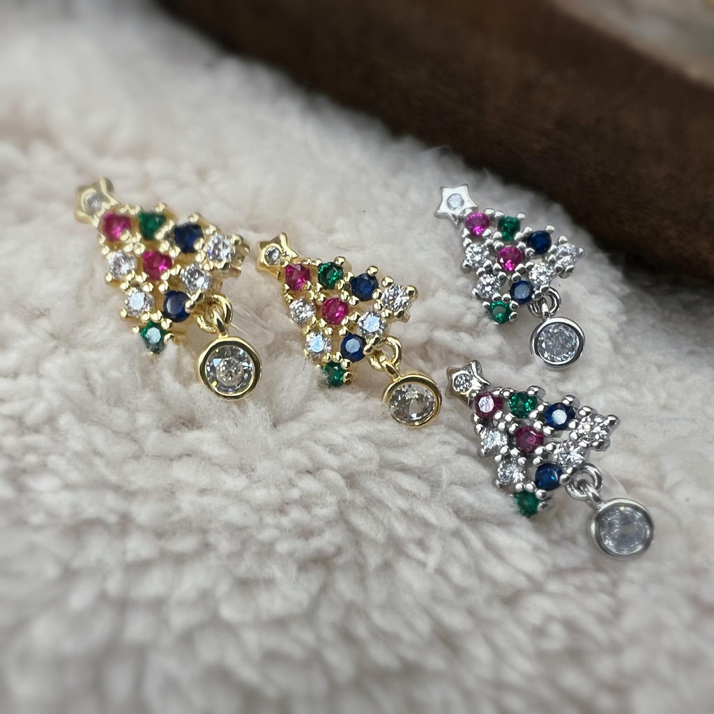 Sapin de Noël 2cm Clips Invisible Or/ Argent ornées de strass colorés rouge vert bleu Boucles d'oreilles clips Cadeaux Noël Prêt à offrir