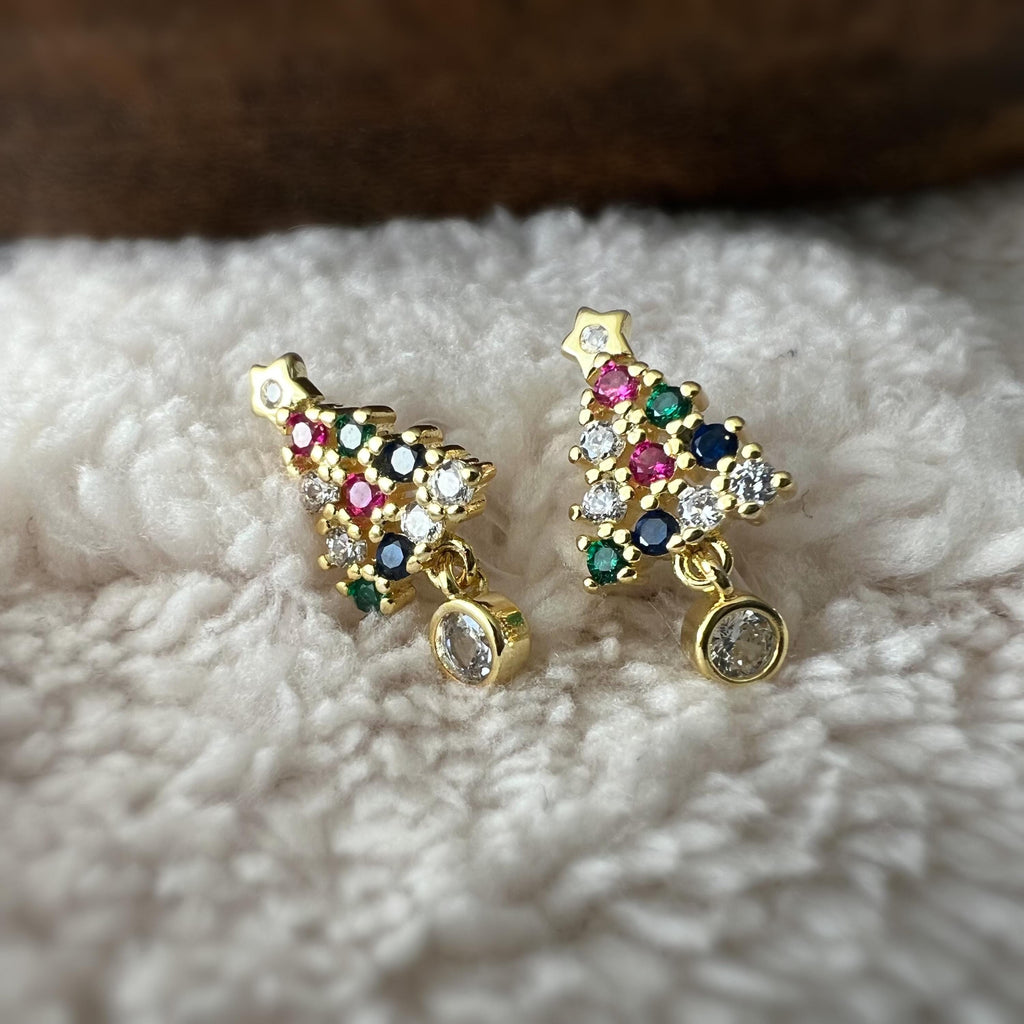 Sapin de Noël 2cm Clips Invisible Or/ Argent ornées de strass colorés rouge vert bleu Boucles d'oreilles clips Cadeaux Noël Prêt à offrir