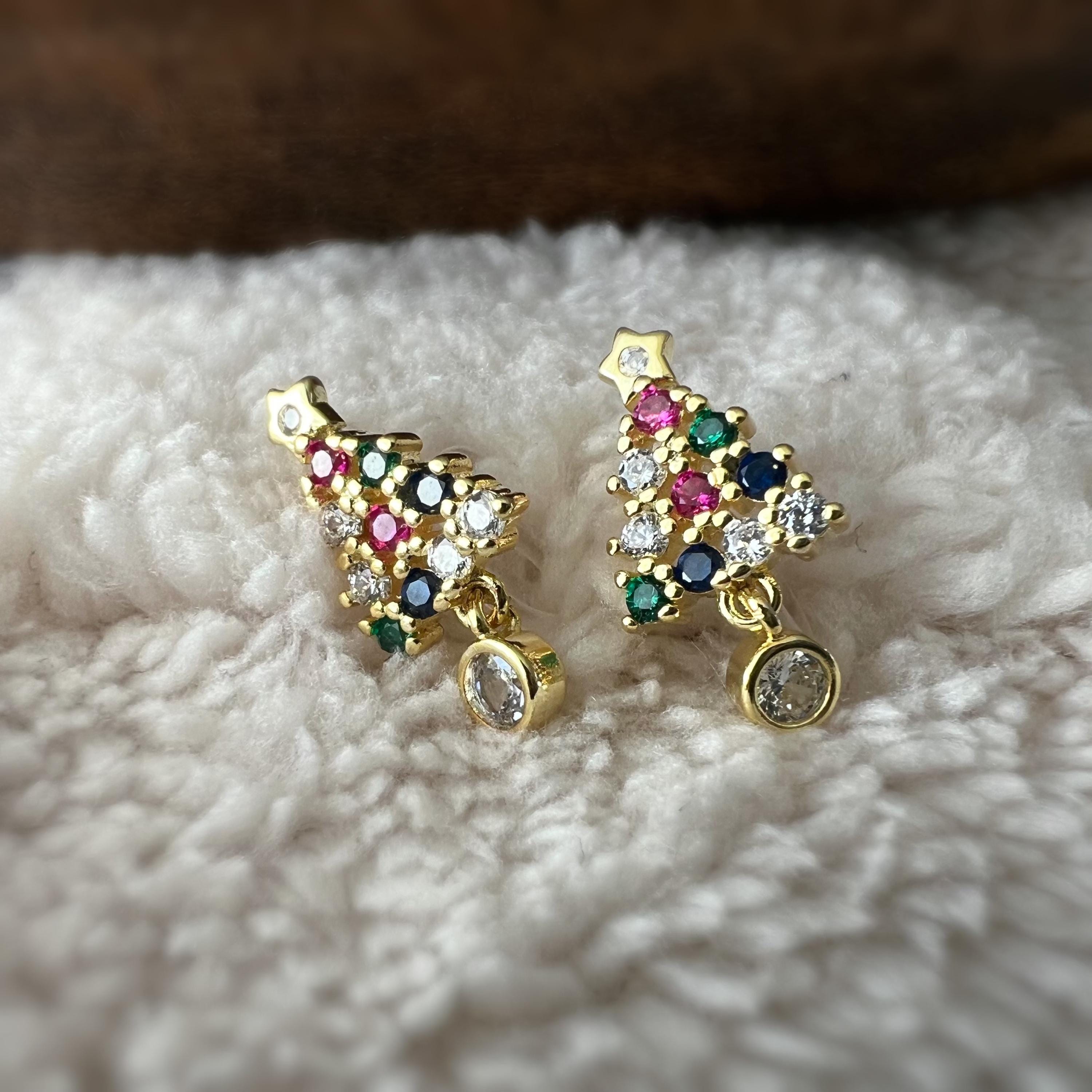 Sapin de Noël 2cm Clips Invisible Or/ Argent ornées de strass colorés rouge vert bleu Boucles d'oreilles clips Cadeaux Noël Prêt à offrir