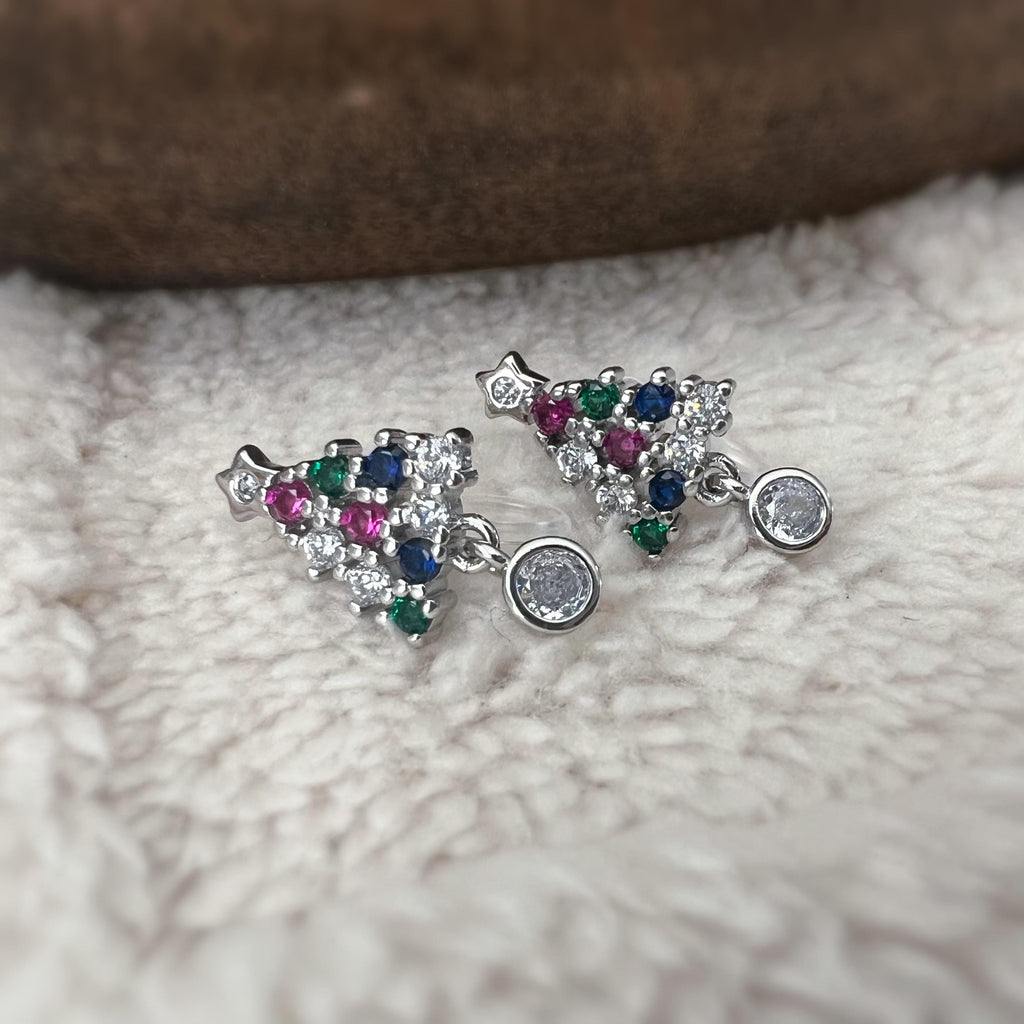 Sapin de Noël 2cm Clips Invisible Or/ Argent ornées de strass colorés rouge vert bleu Boucles d'oreilles clips Cadeaux Noël Prêt à offrir