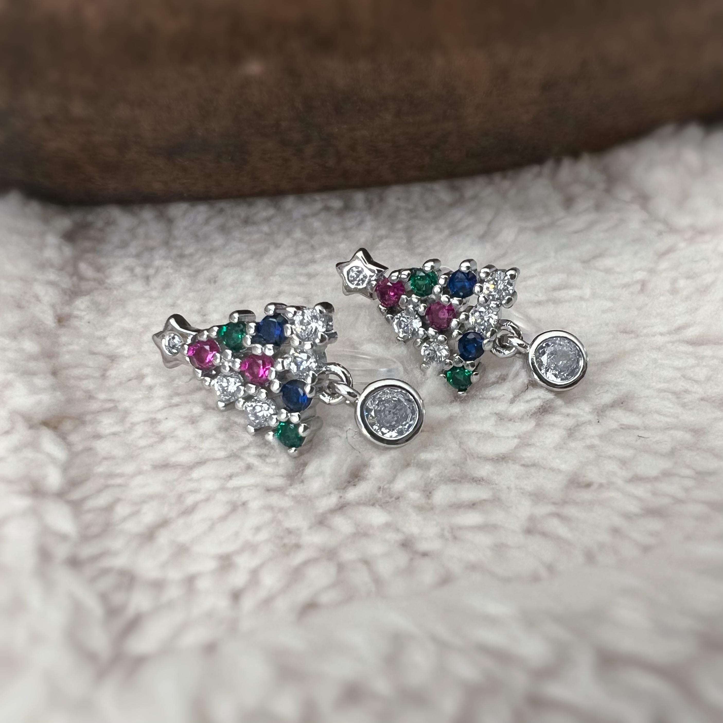 Sapin de Noël 2cm Clips Invisible Or/ Argent ornées de strass colorés rouge vert bleu Boucles d'oreilles clips Cadeaux Noël Prêt à offrir