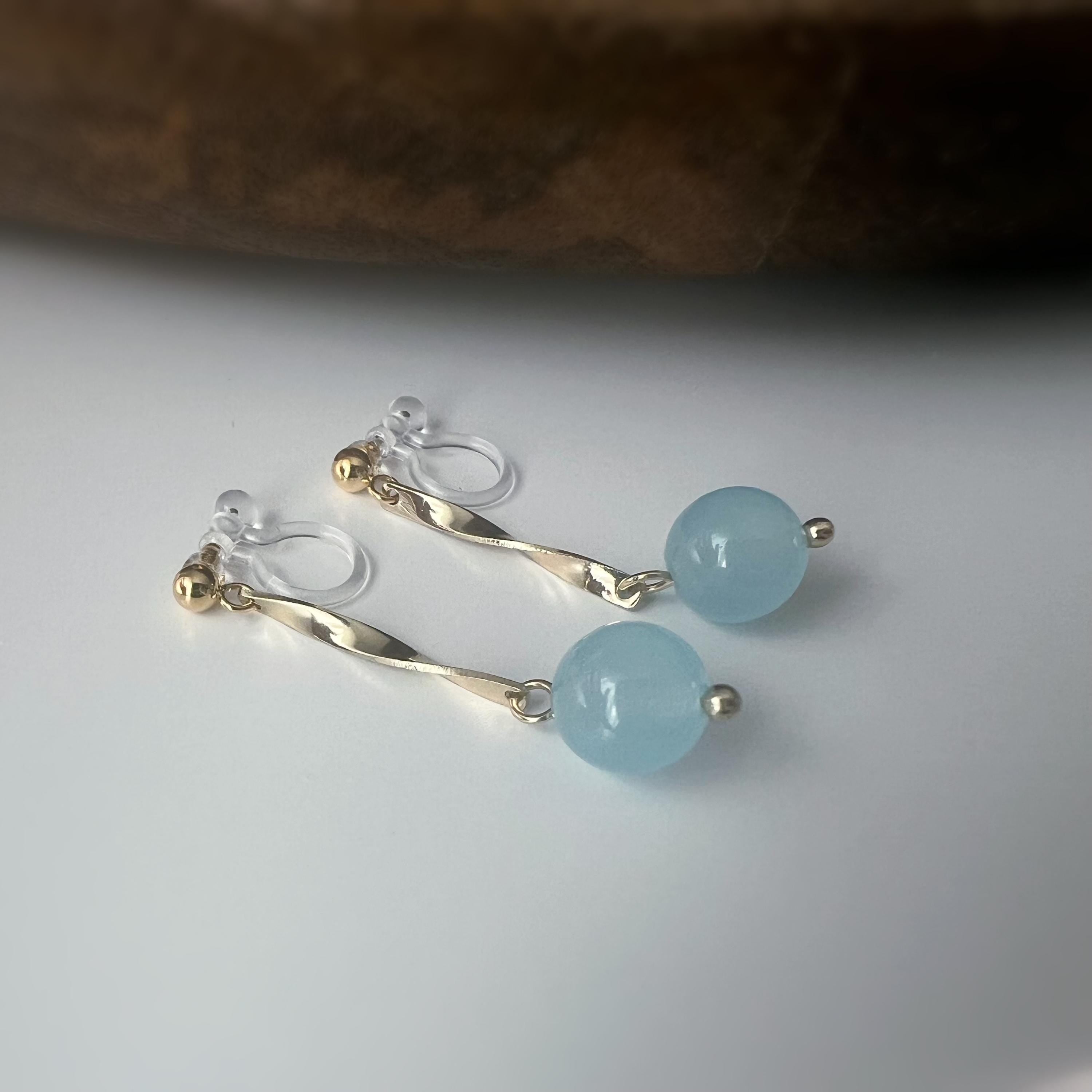 INVISIBLE Clip-on Earrings, Gold Bar Clip-on Earrings with Natural Green Chalcedony Pearl Everyday Jewelry. Ready to Gift.