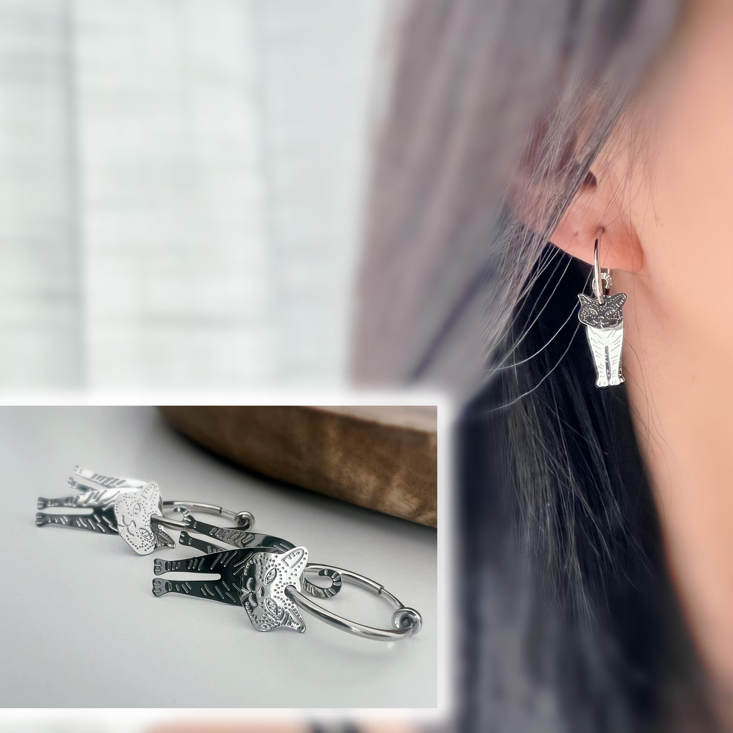 2 EN 1 Chat Créoles Clips 20mm Argent Pendantes Chat Cercle Petites perles argenté. Clips d'oreilles Anneaux argent