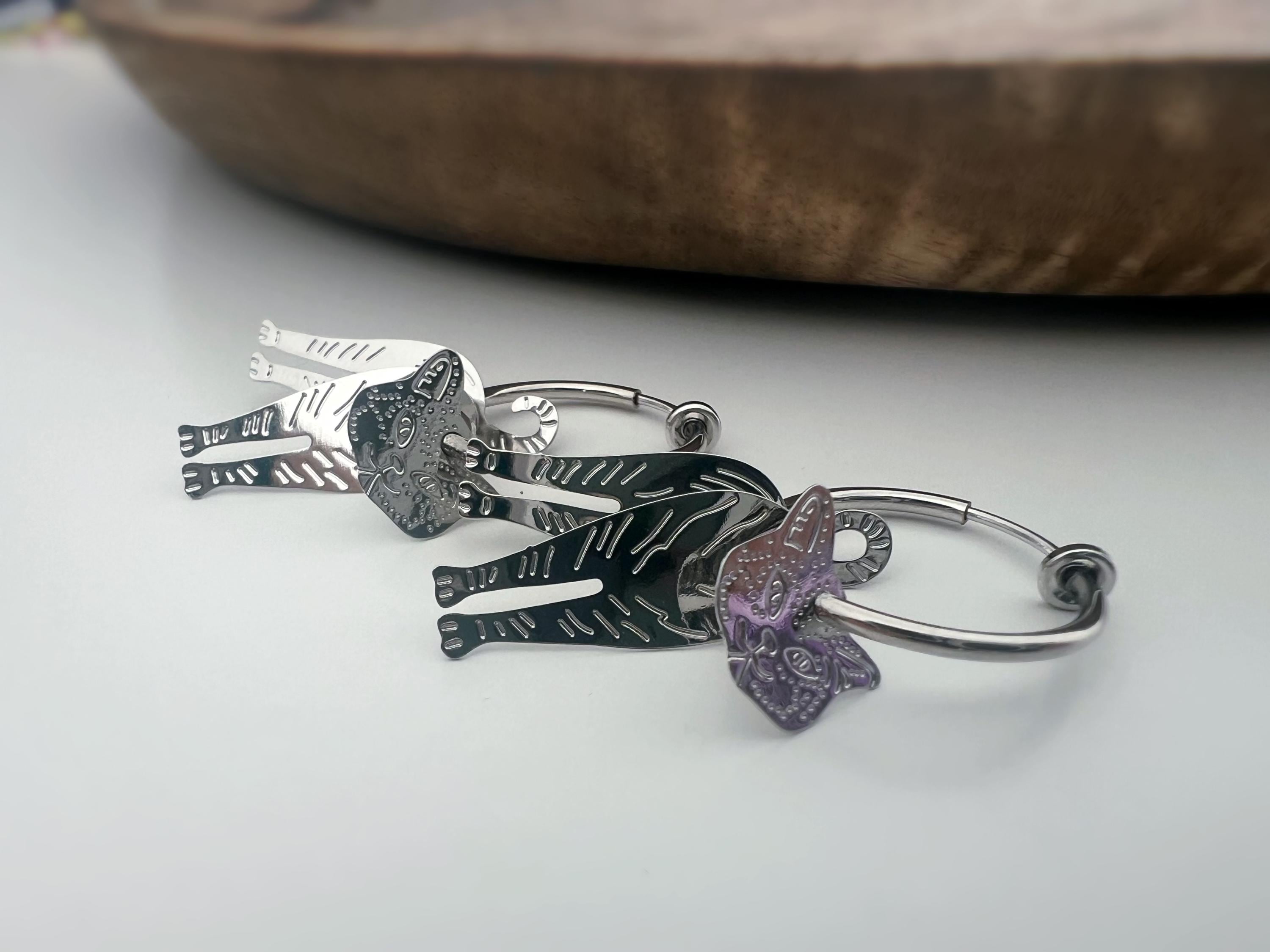 2 EN 1 Chat Créoles Clips 20mm Argent Pendantes Chat Cercle Petites perles argenté. Clips d'oreilles Anneaux argent