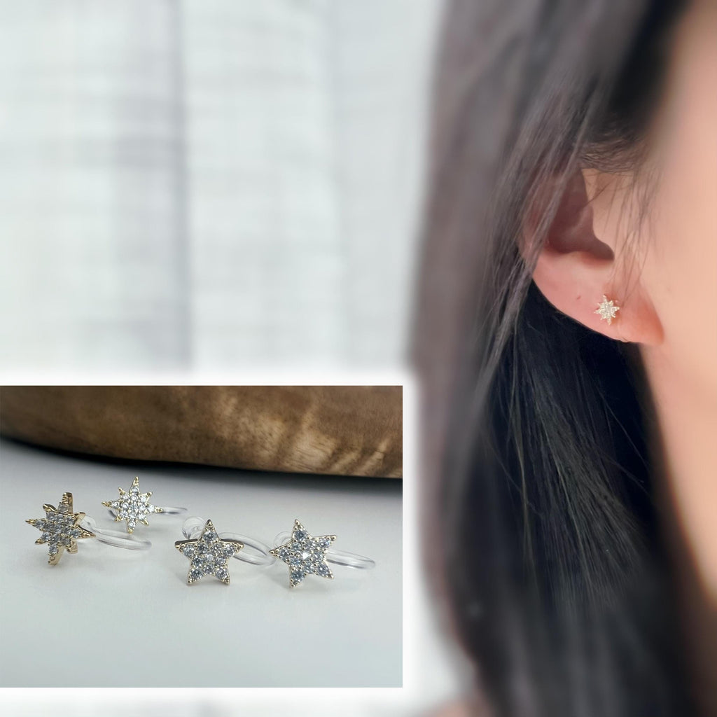 Mini étoile clips d'oreilles résine invisible. étoile or zircon Pentacle et étoile or à huit branches Boucles d'oreille clips confortable