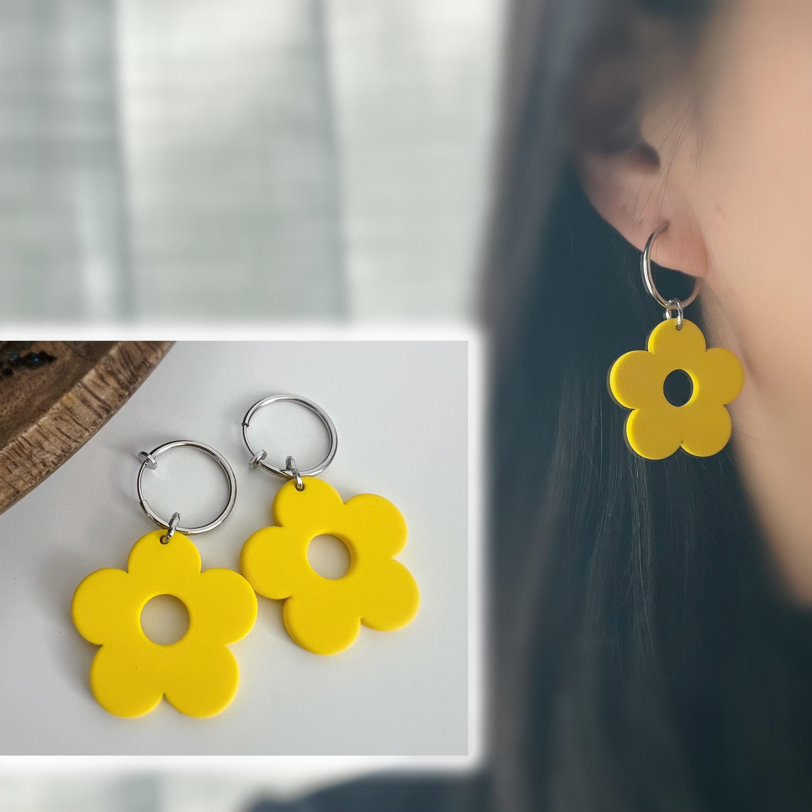 Sweet. 2 en 1 Clips Créole 18mm argent avec grande fleurs jaune fluo Boucles d'oreilles clips créole anneaux