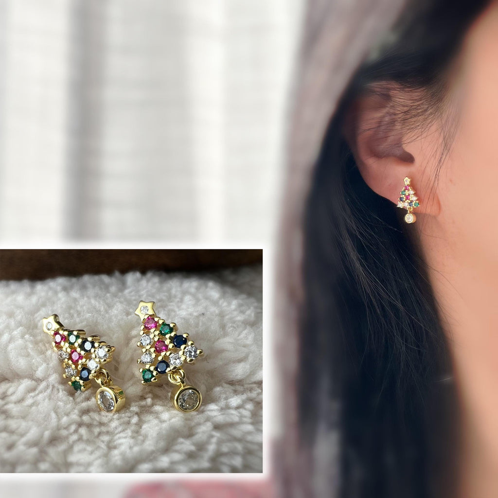 Sapin de Noël 2cm Clips Invisible Or/ Argent ornées de strass colorés rouge vert bleu Boucles d'oreilles clips Cadeaux Noël Prêt à offrir