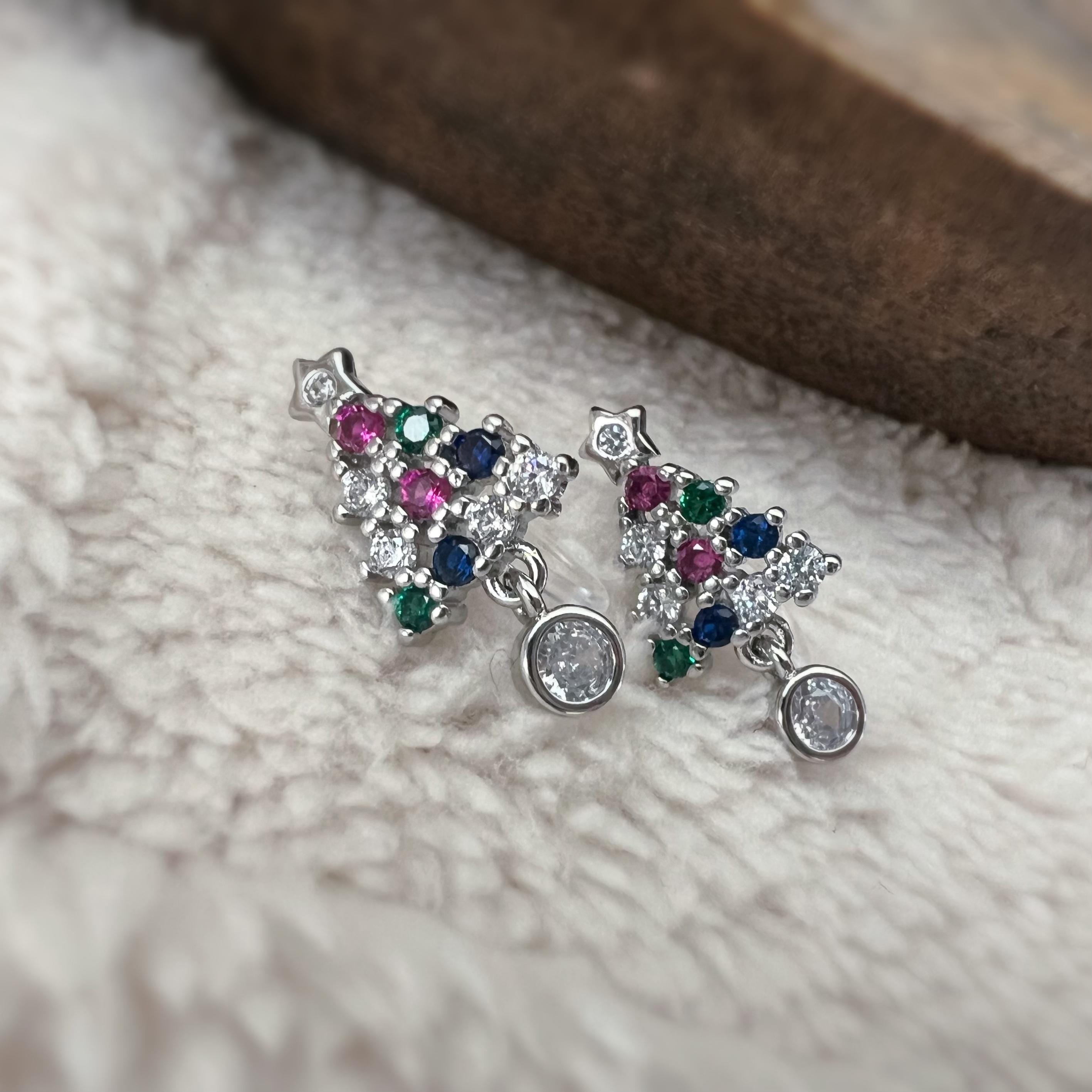 Sapin de Noël 2cm Clips Invisible Or/ Argent ornées de strass colorés rouge vert bleu Boucles d'oreilles clips Cadeaux Noël Prêt à offrir