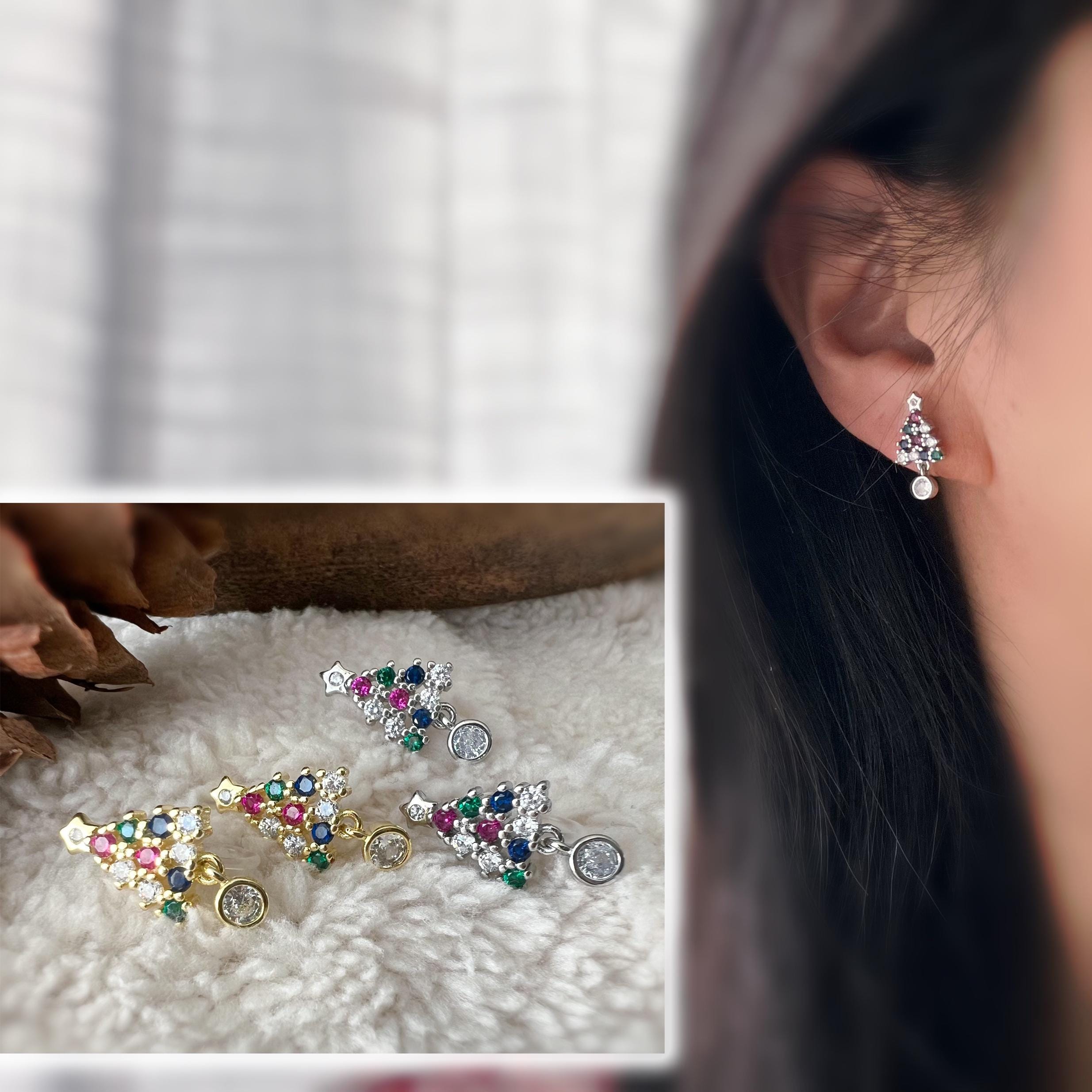 Sapin de Noël 2cm Clips Invisible Or/ Argent ornées de strass colorés rouge vert bleu Boucles d'oreilles clips Cadeaux Noël Prêt à offrir