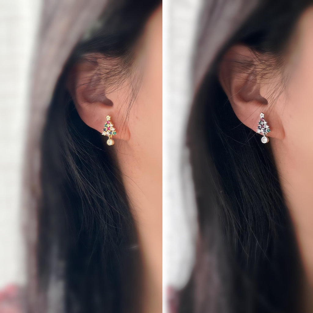 Sapin de Noël 2cm Clips Invisible Or/ Argent ornées de strass colorés rouge vert bleu Boucles d'oreilles clips Cadeaux Noël Prêt à offrir