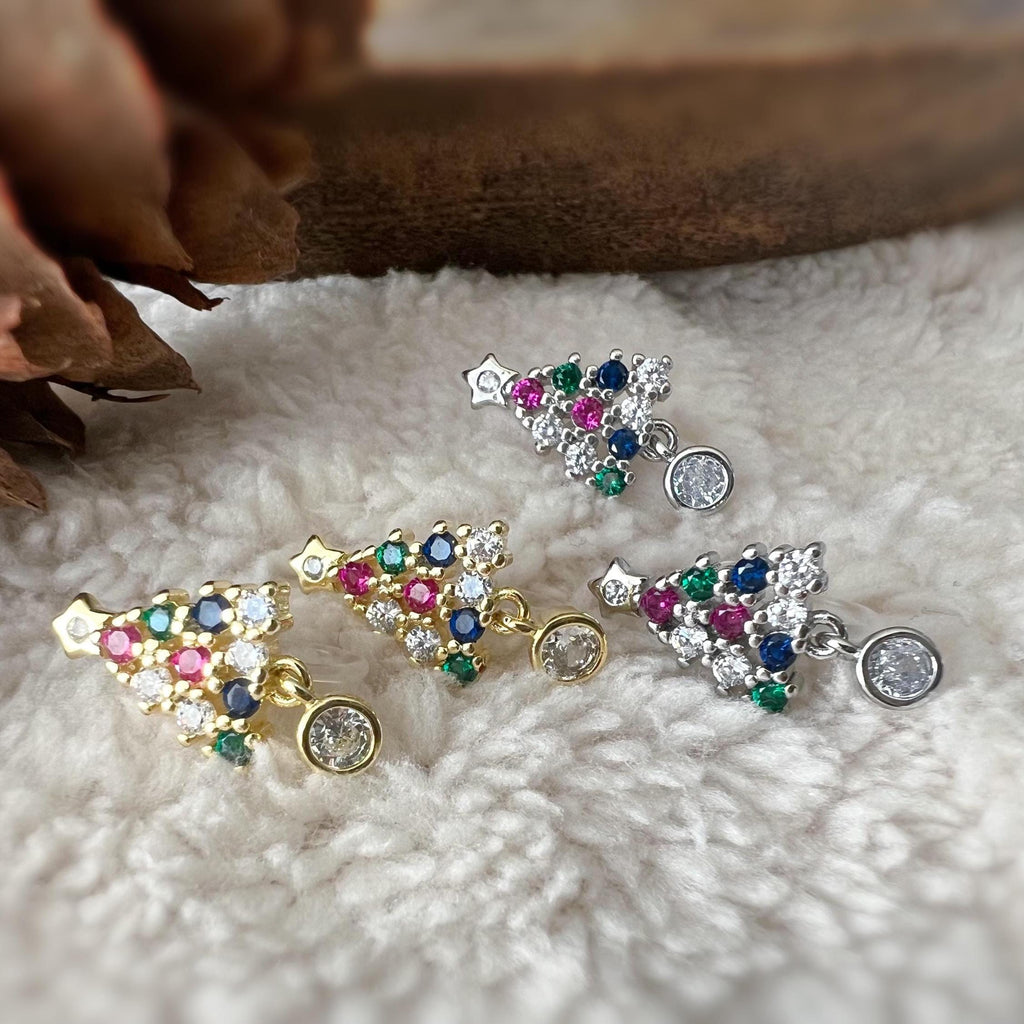 Sapin de Noël 2cm Clips Invisible Or/ Argent ornées de strass colorés rouge vert bleu Boucles d'oreilles clips Cadeaux Noël Prêt à offrir