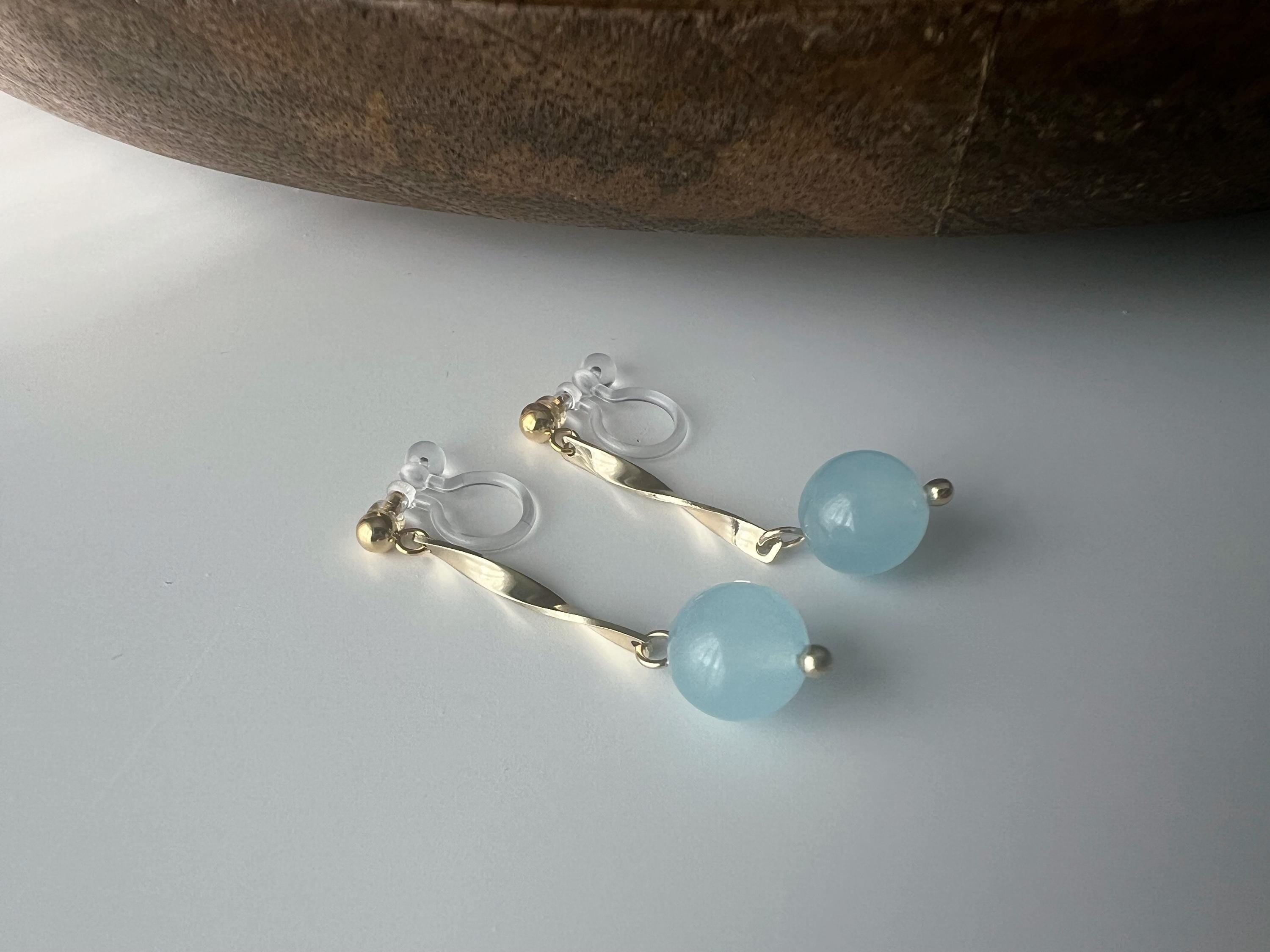 INVISIBLE Clip-on Earrings, Gold Bar Clip-on Earrings with Natural Green Chalcedony Pearl Everyday Jewelry. Ready to Gift.