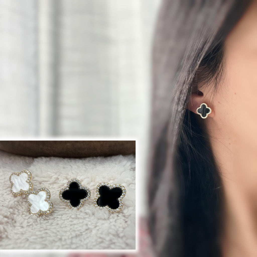 CLIPS d'oreilles invisibles, Trèfle à 4 feuilles or porte bonheur mini zircon Noir/ Blanc Boucles d'oreilles clips confortable délicat
