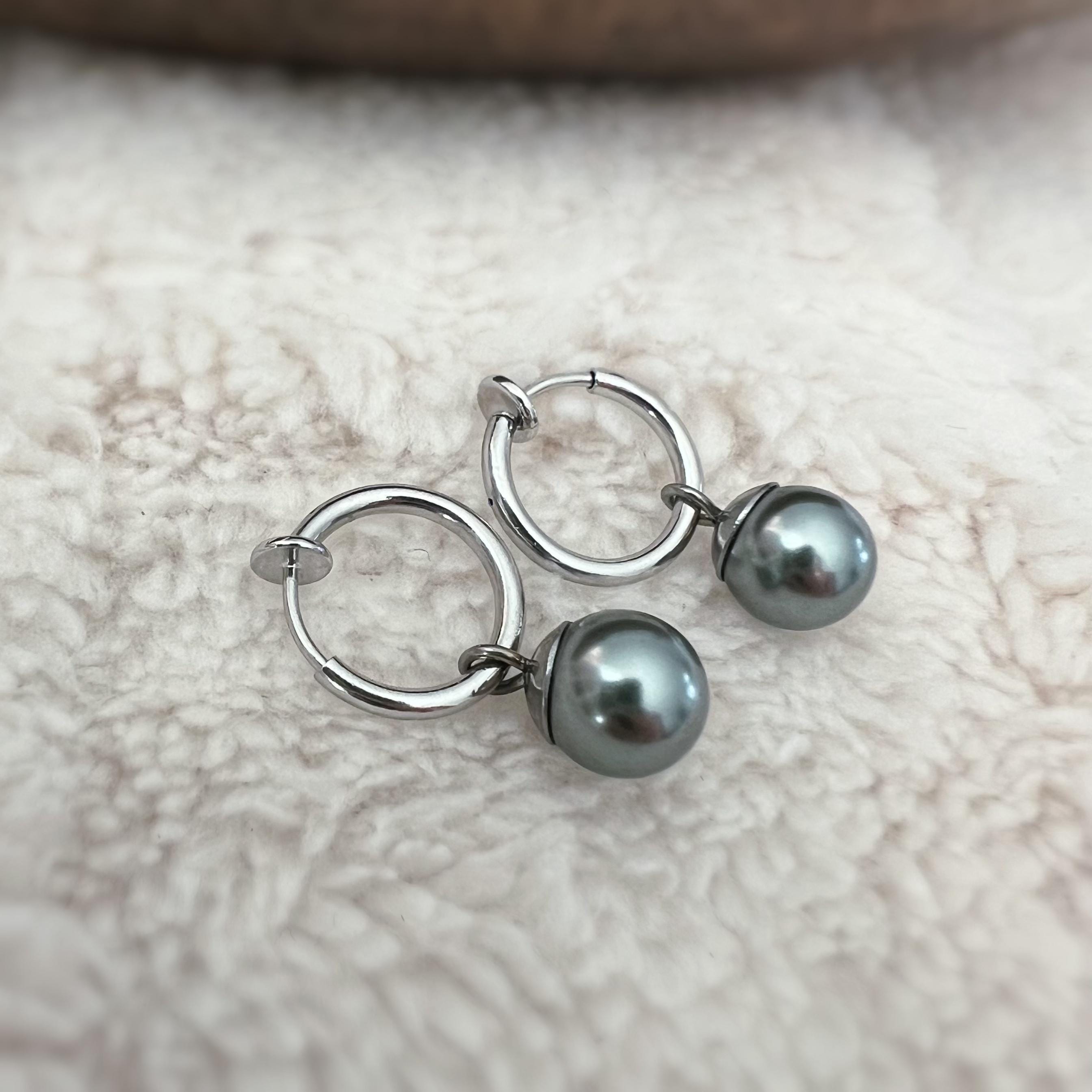 2 EN 1, Créoles Clips 13mm avec Perles grises. Clips d'oreilles Anneaux argenté CLIPS Invisible confortable.