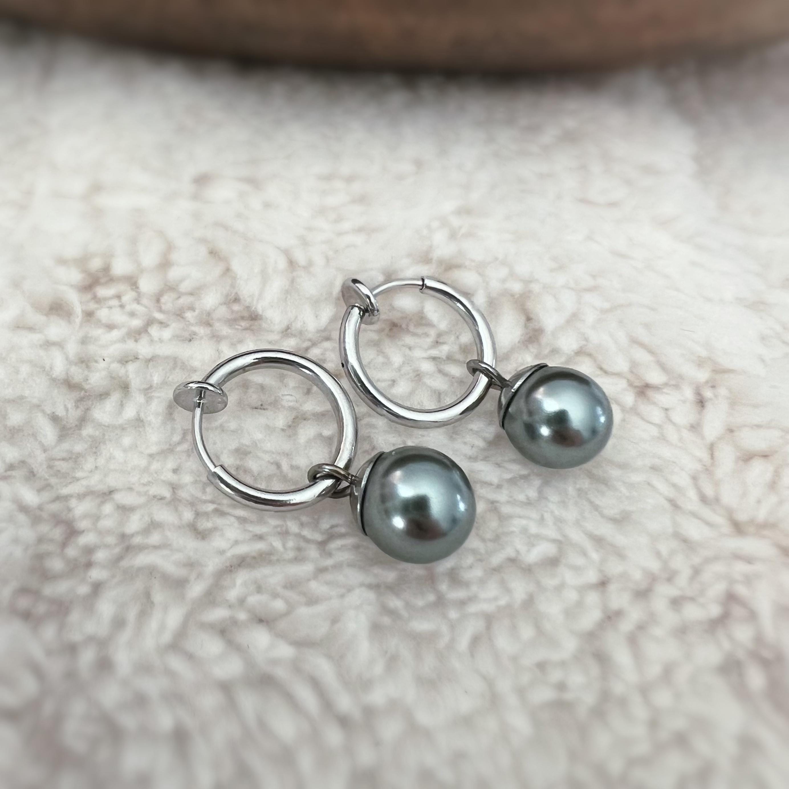 2 EN 1, Créoles Clips 13mm avec Perles grises. Clips d'oreilles Anneaux argenté CLIPS Invisible confortable.