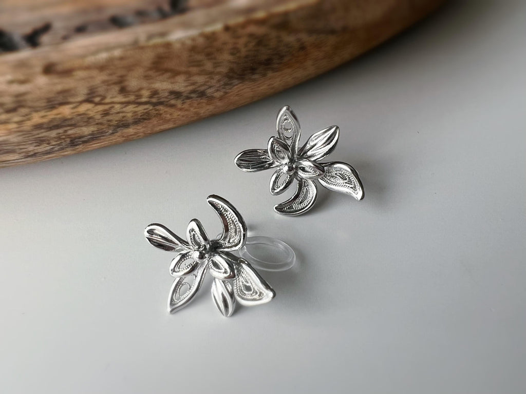 Boucles d'oreilles clip fleur argentée, au design ajouré raffiné. Légères et confortables, parfaites pour sublimer vos looks sans perçage.