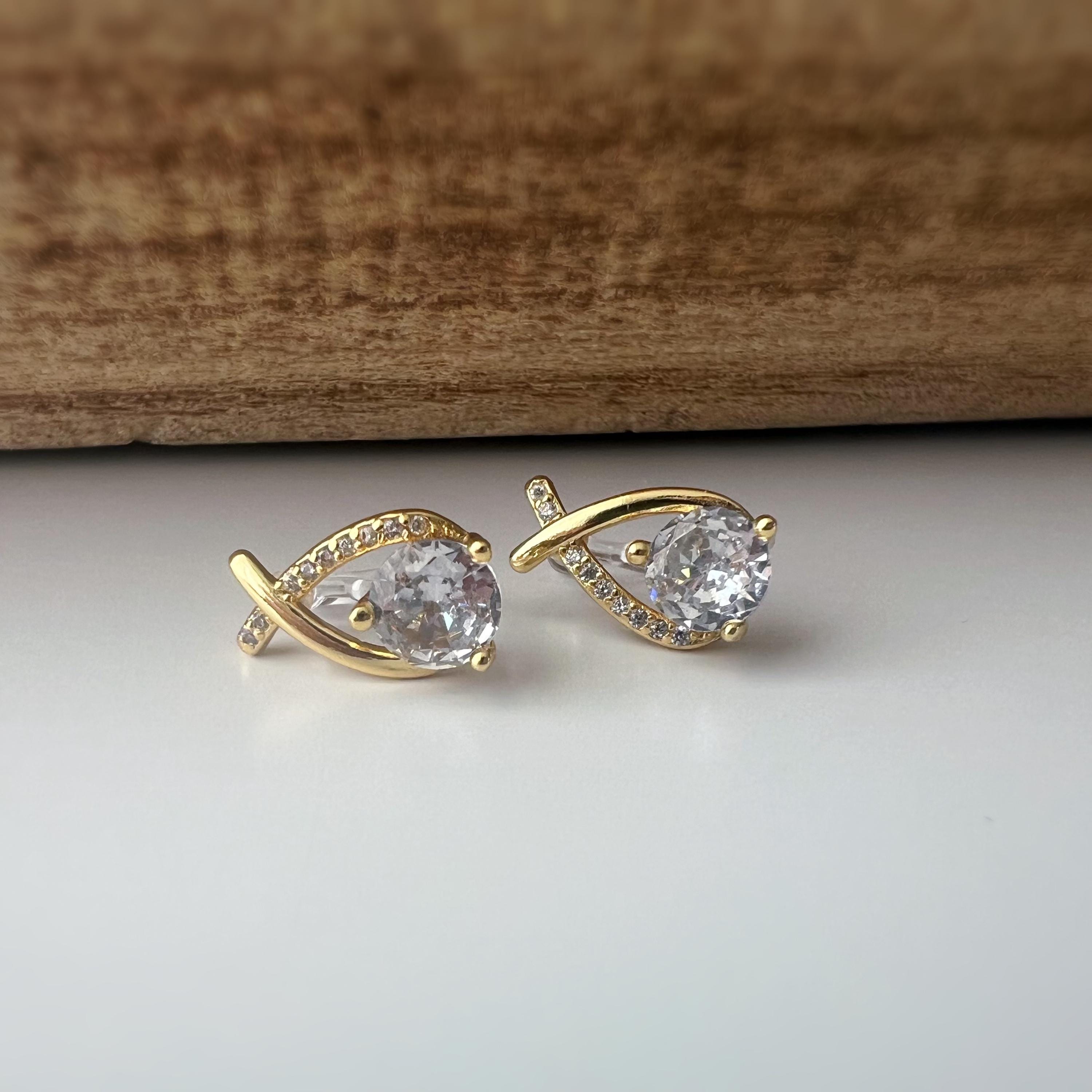 Boucles d'oreilles Clips INVISIBLES or en forme de poisson, Triangle mini et grande Zircon rond. Clips d'oreilles Confortables Prêt à offrir