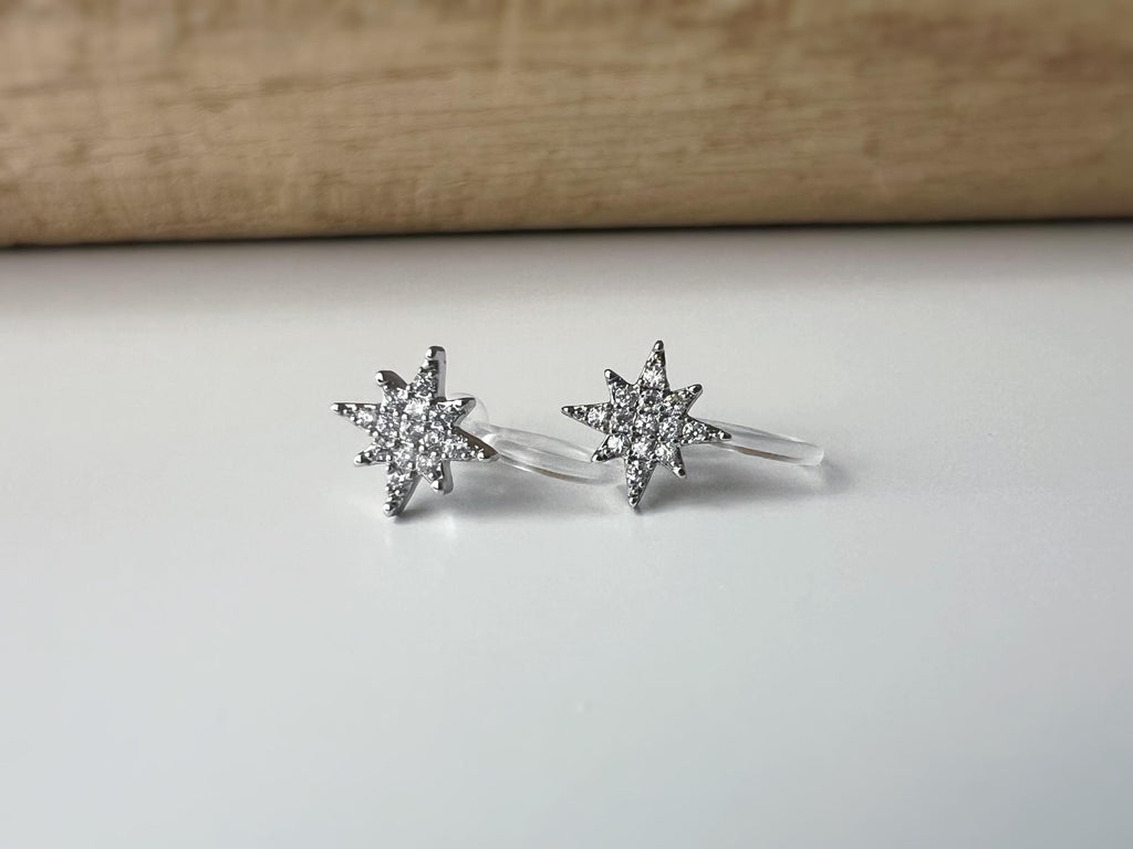 Mini étoile Argent clips d'oreilles résine invisible, étoile zircon Pentacle et étoile à huit branches Boucles d'oreille clips confortable