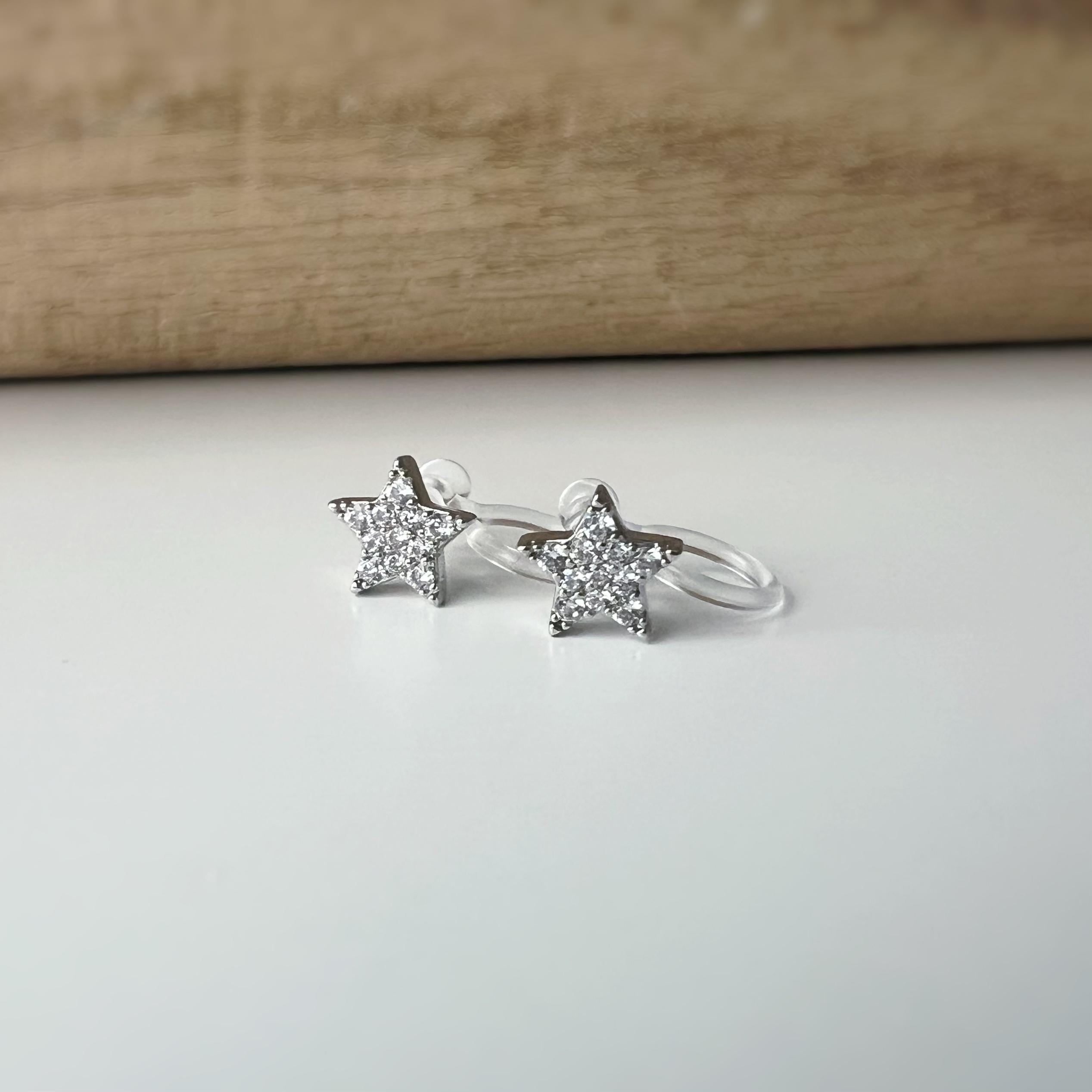 Mini étoile Argent clips d'oreilles résine invisible, étoile zircon Pentacle et étoile à huit branches Boucles d'oreille clips confortable