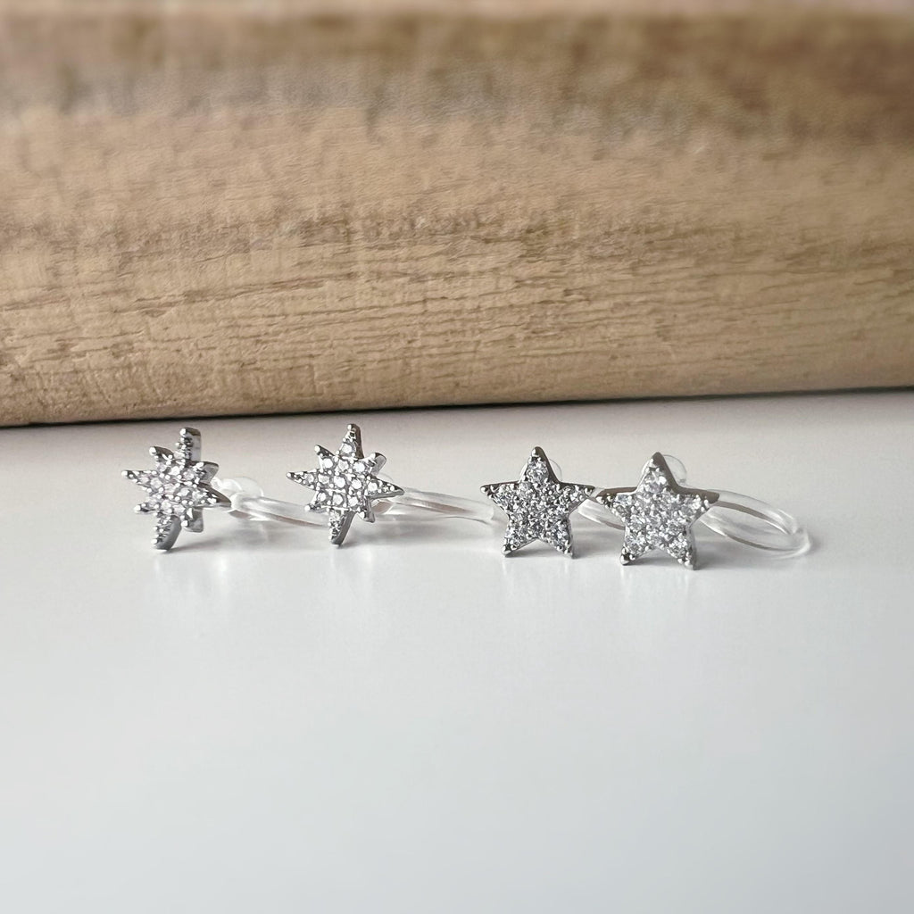Mini étoile Argent clips d'oreilles résine invisible, étoile zircon Pentacle et étoile à huit branches Boucles d'oreille clips confortable