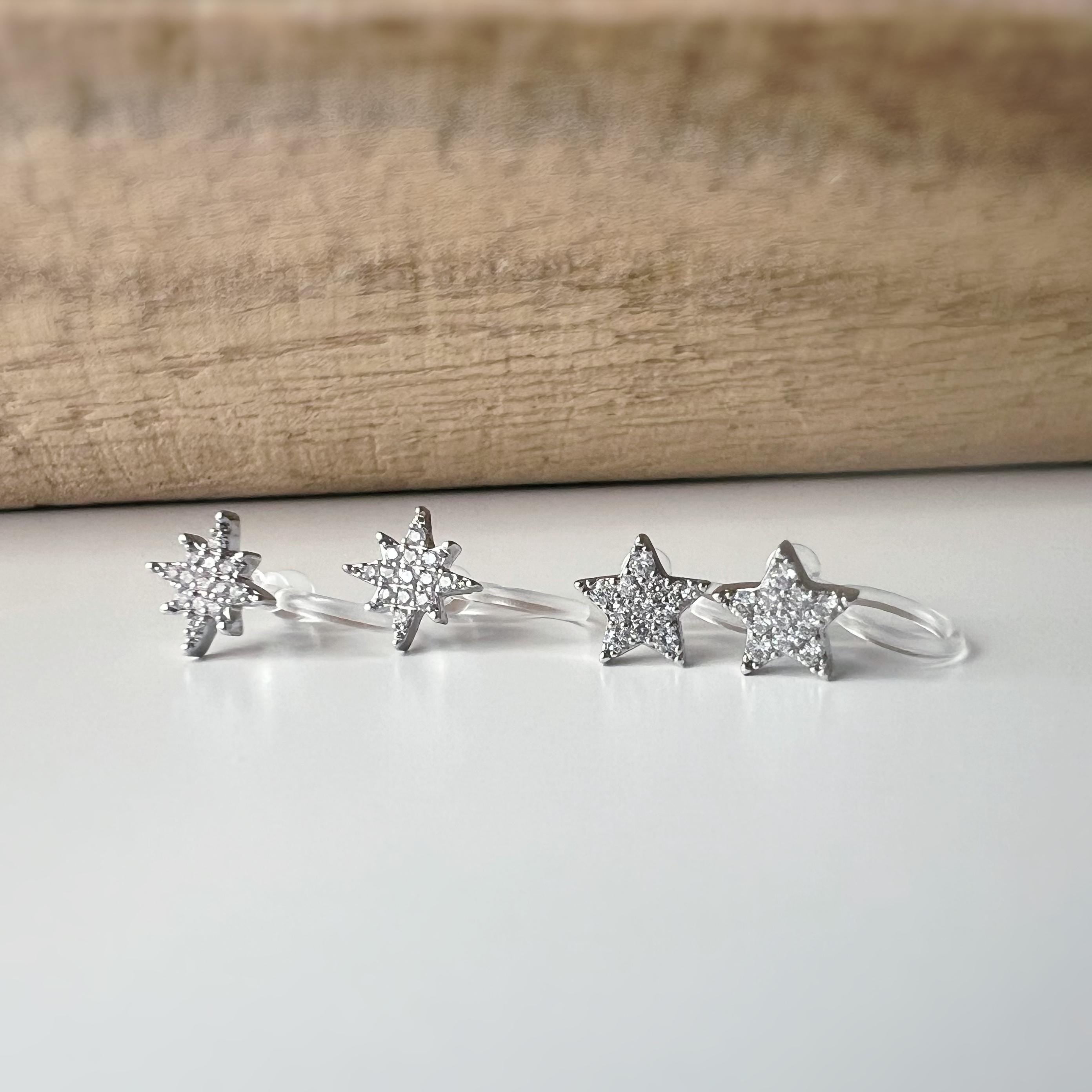 Mini étoile Argent clips d'oreilles résine invisible, étoile zircon Pentacle et étoile à huit branches Boucles d'oreille clips confortable