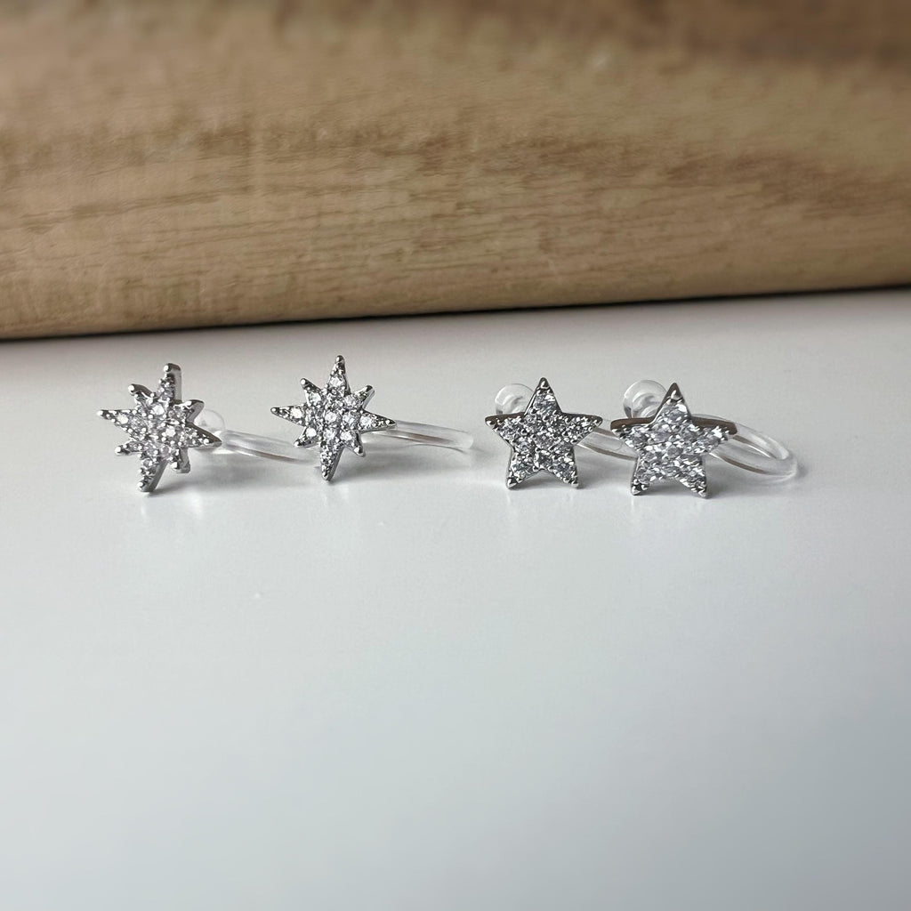 Mini étoile Argent clips d'oreilles résine invisible, étoile zircon Pentacle et étoile à huit branches Boucles d'oreille clips confortable
