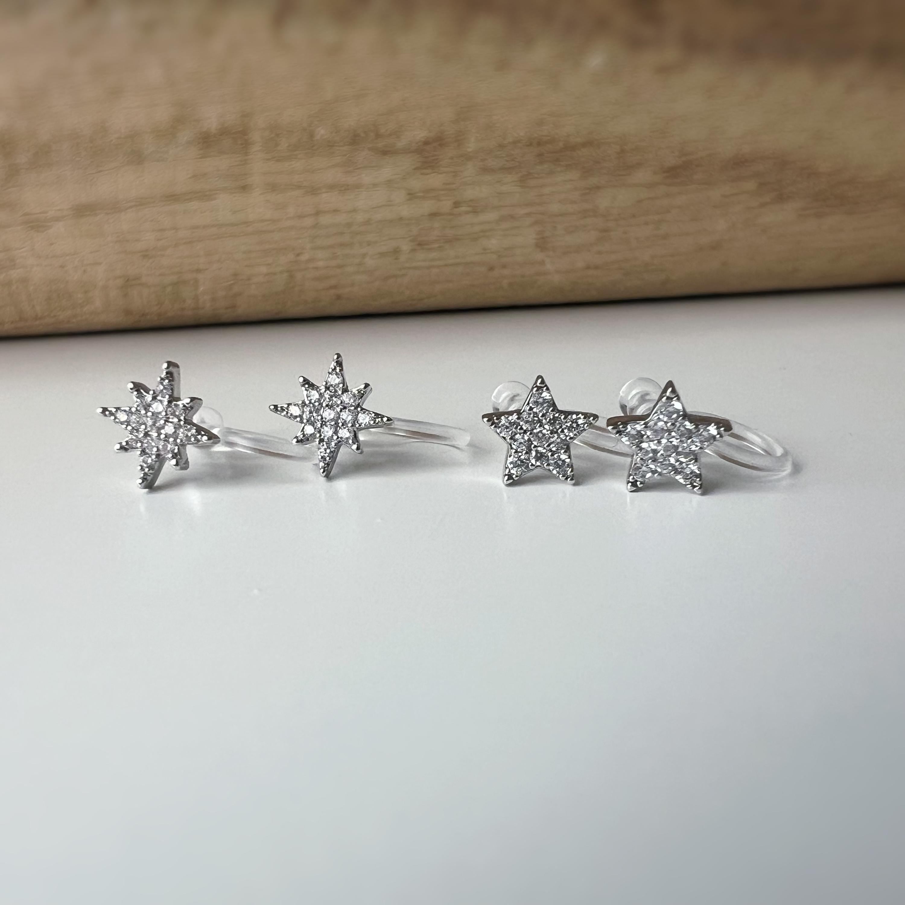 Mini étoile Argent clips d'oreilles résine invisible, étoile zircon Pentacle et étoile à huit branches Boucles d'oreille clips confortable
