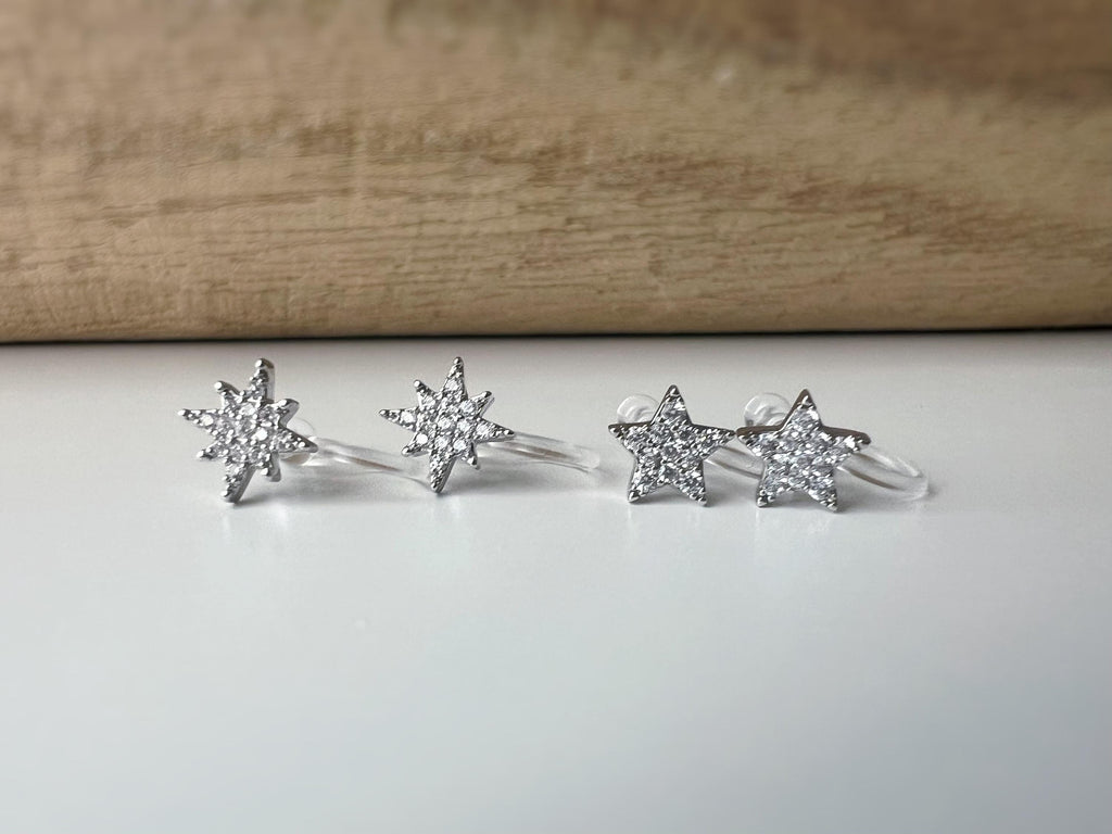 Mini étoile Argent clips d'oreilles résine invisible, étoile zircon Pentacle et étoile à huit branches Boucles d'oreille clips confortable