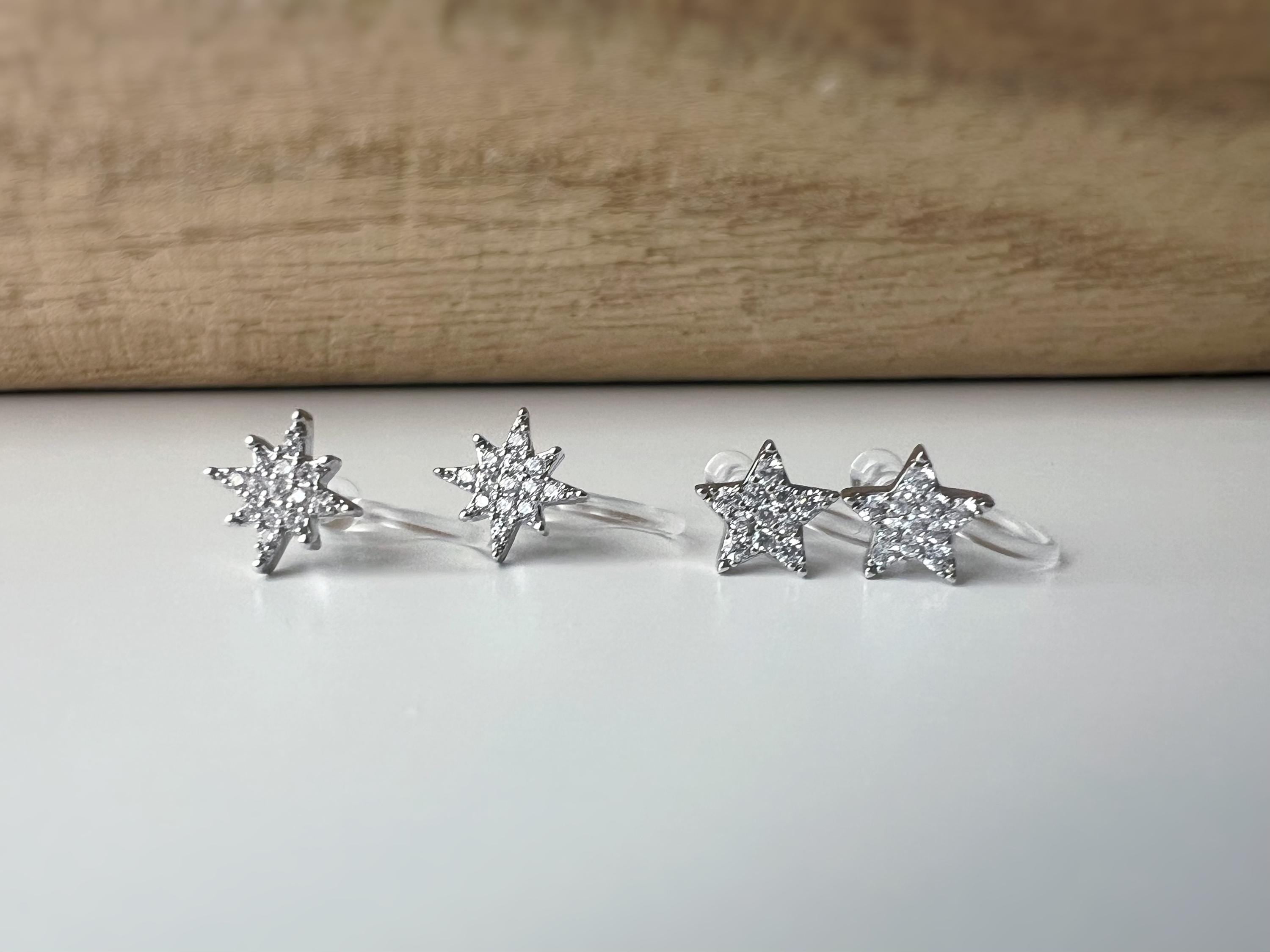Mini étoile Argent clips d'oreilles résine invisible, étoile zircon Pentacle et étoile à huit branches Boucles d'oreille clips confortable