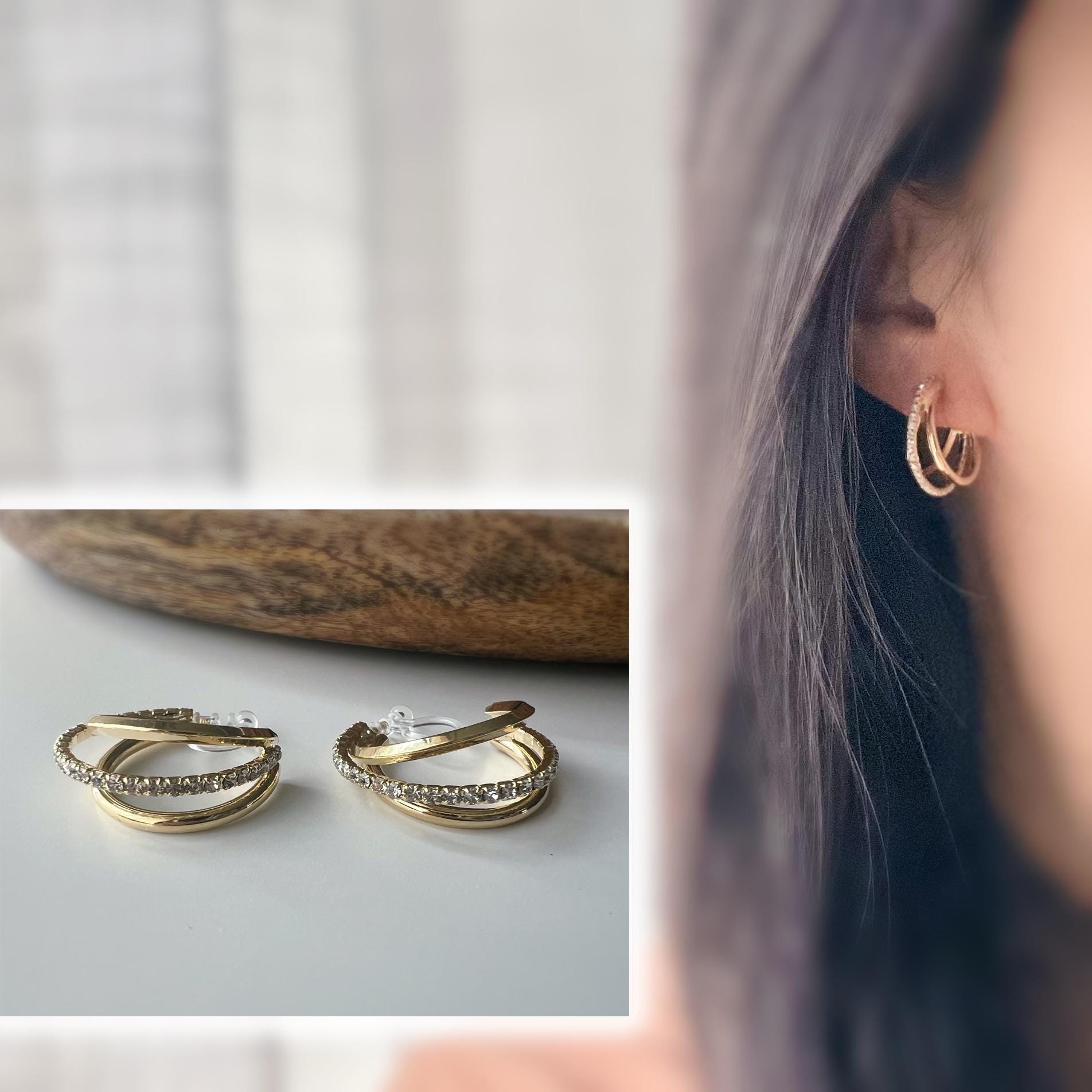 Boucles d'oreilles clip dorée triple anneau ornées strass scintillants Élégantes raffinées elles apportent une touche lumineuse sophistiquée