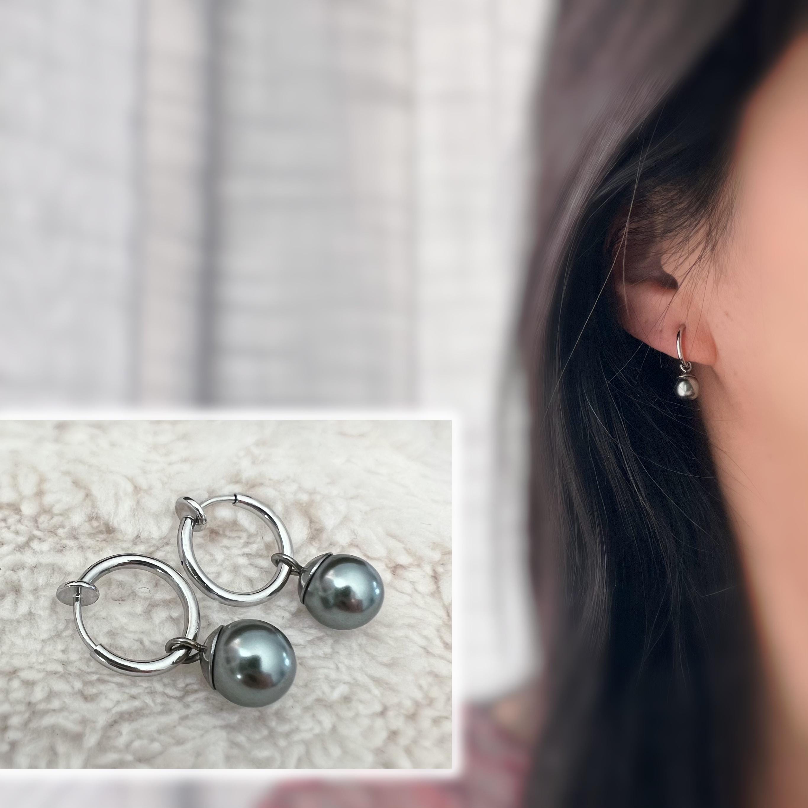2 EN 1, Créoles Clips 13mm avec Perles grises. Clips d'oreilles Anneaux argenté CLIPS Invisible confortable.