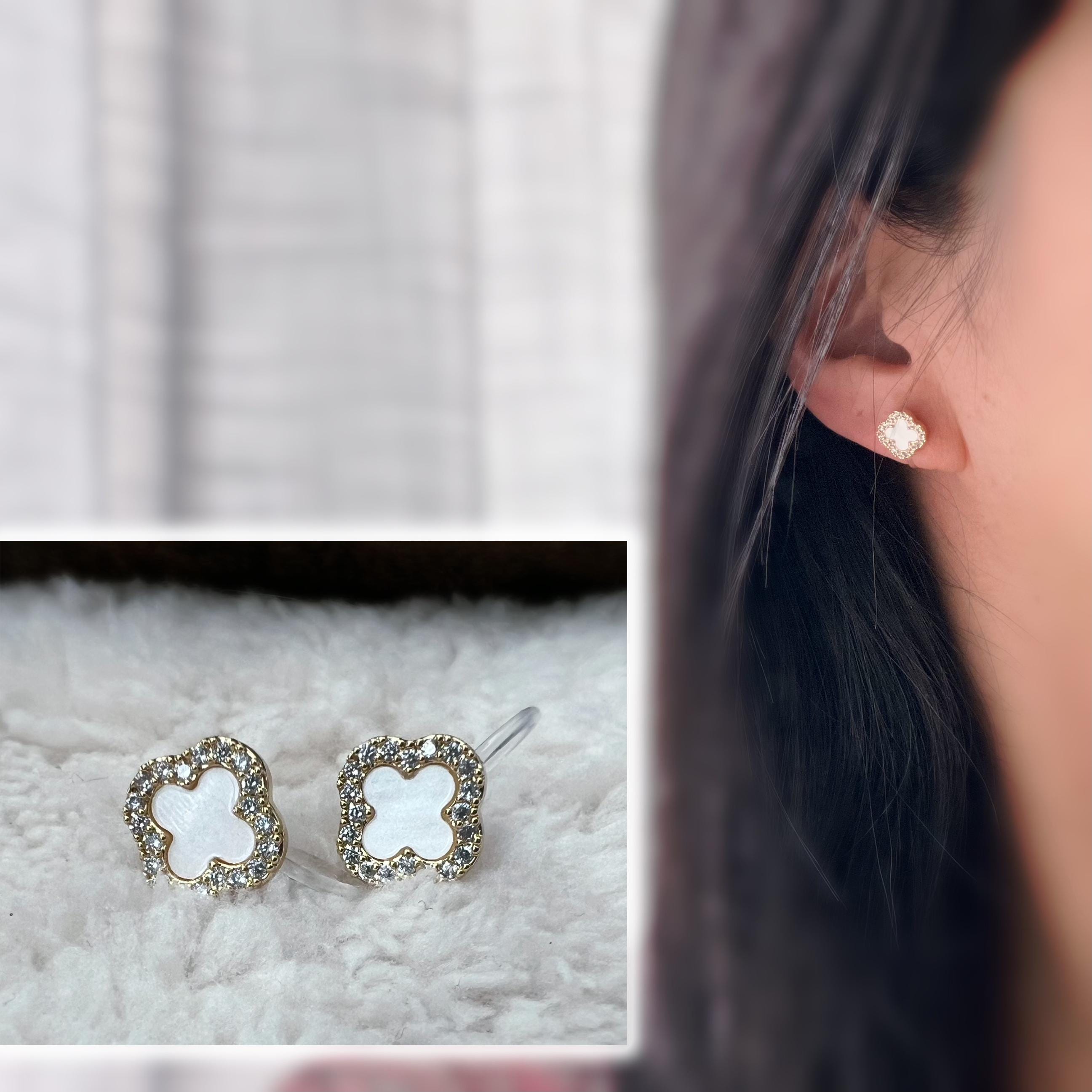 CLIPS d'oreilles invisibles Trèfle à 4 feuilles Or porte bonheur mini zircon Blanc Grand / Moyen/ Petit Boucles d'oreilles clips confortable