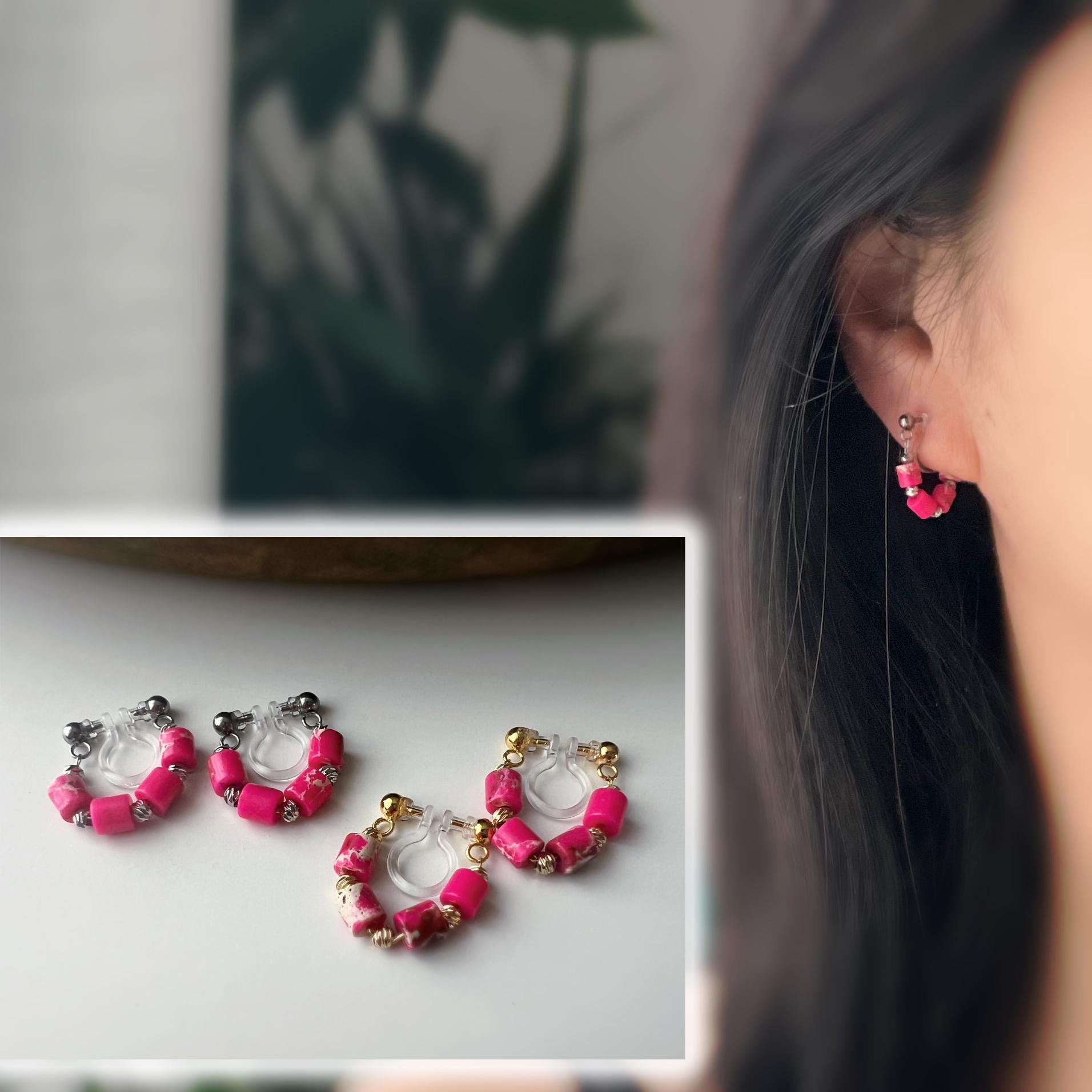 Boucles d'oreilles clip élégantes Perles cylindriques pierres rose fluo blanc Perle gravée dorée /argentée. Confortable look raffiné naturel