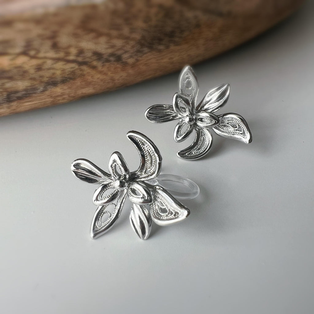 Boucles d'oreilles clip fleur argentée, au design ajouré raffiné. Légères et confortables, parfaites pour sublimer vos looks sans perçage.