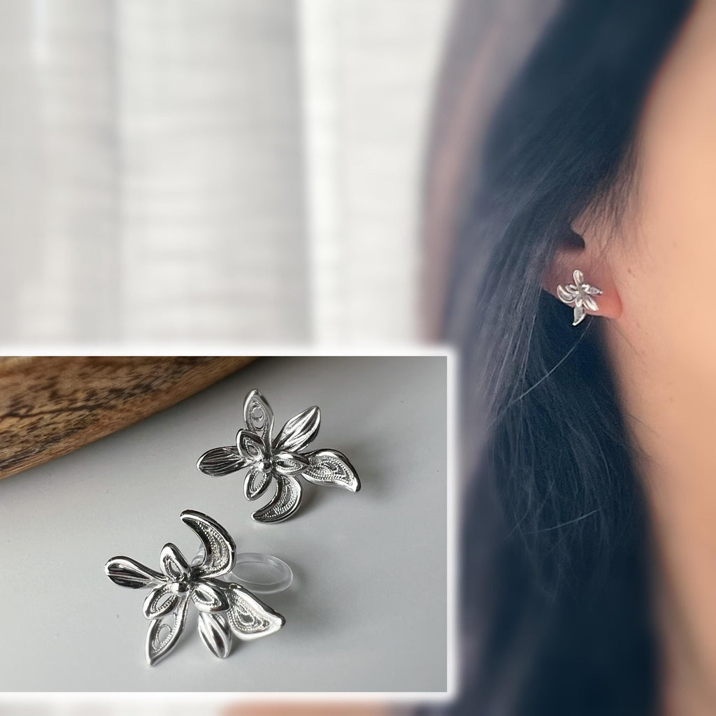 Boucles d'oreilles clip fleur argentée, au design ajouré raffiné. Légères et confortables, parfaites pour sublimer vos looks sans perçage.