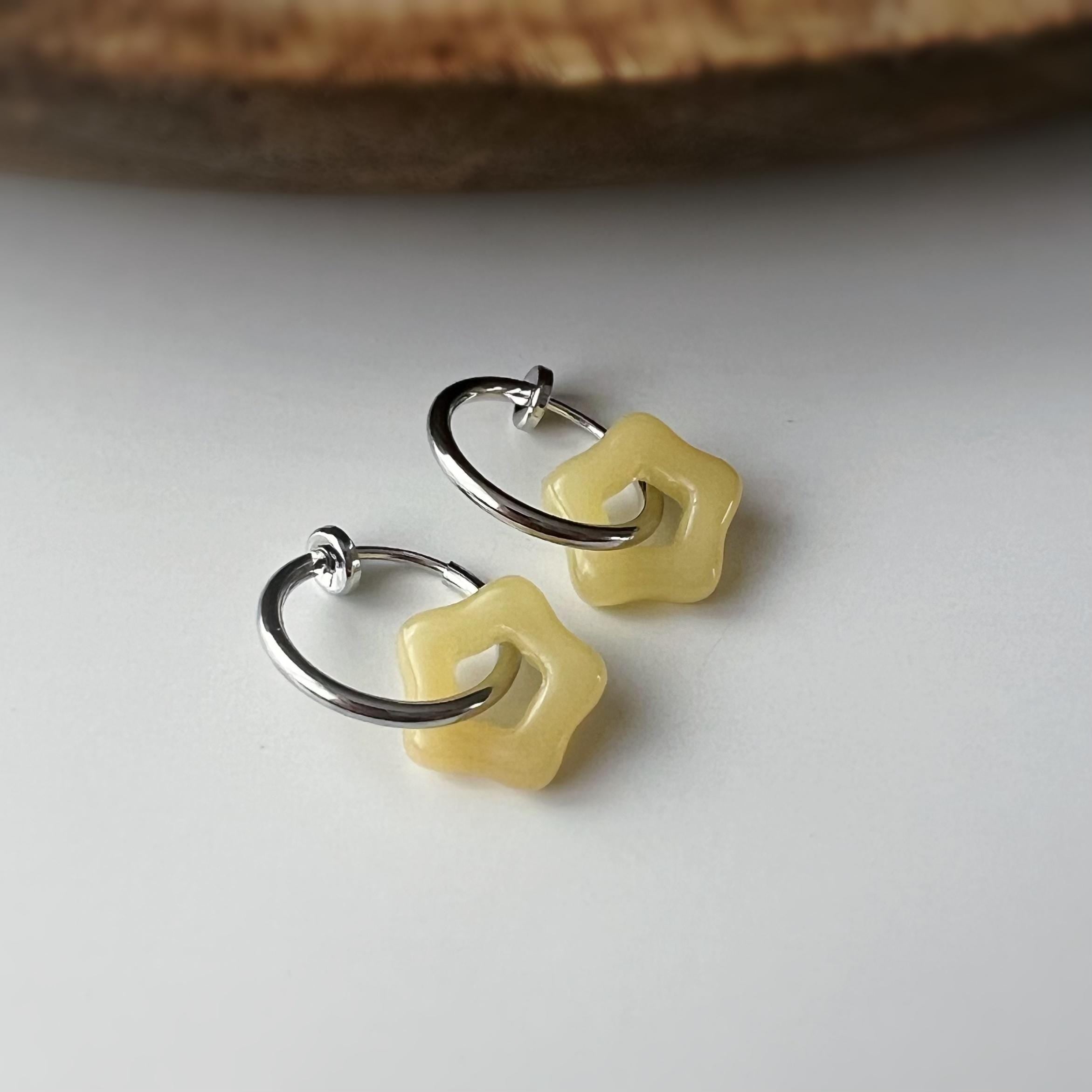 2 EN 1 Clips d'oreilles Anneau Petit étoile verre couleur blanc jaune jade vert Créole Clips 15mm Argent/ Or Confortable Oreilles non percée