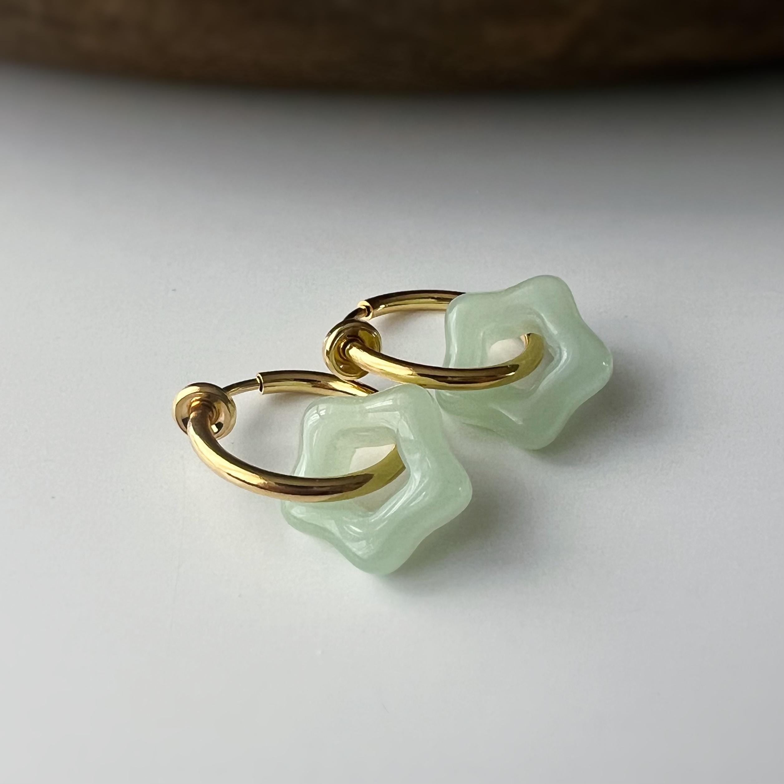 2 EN 1 Clips d'oreilles Anneau Petit étoile verre couleur blanc jaune jade vert Créole Clips 15mm Argent/ Or Confortable Oreilles non percée