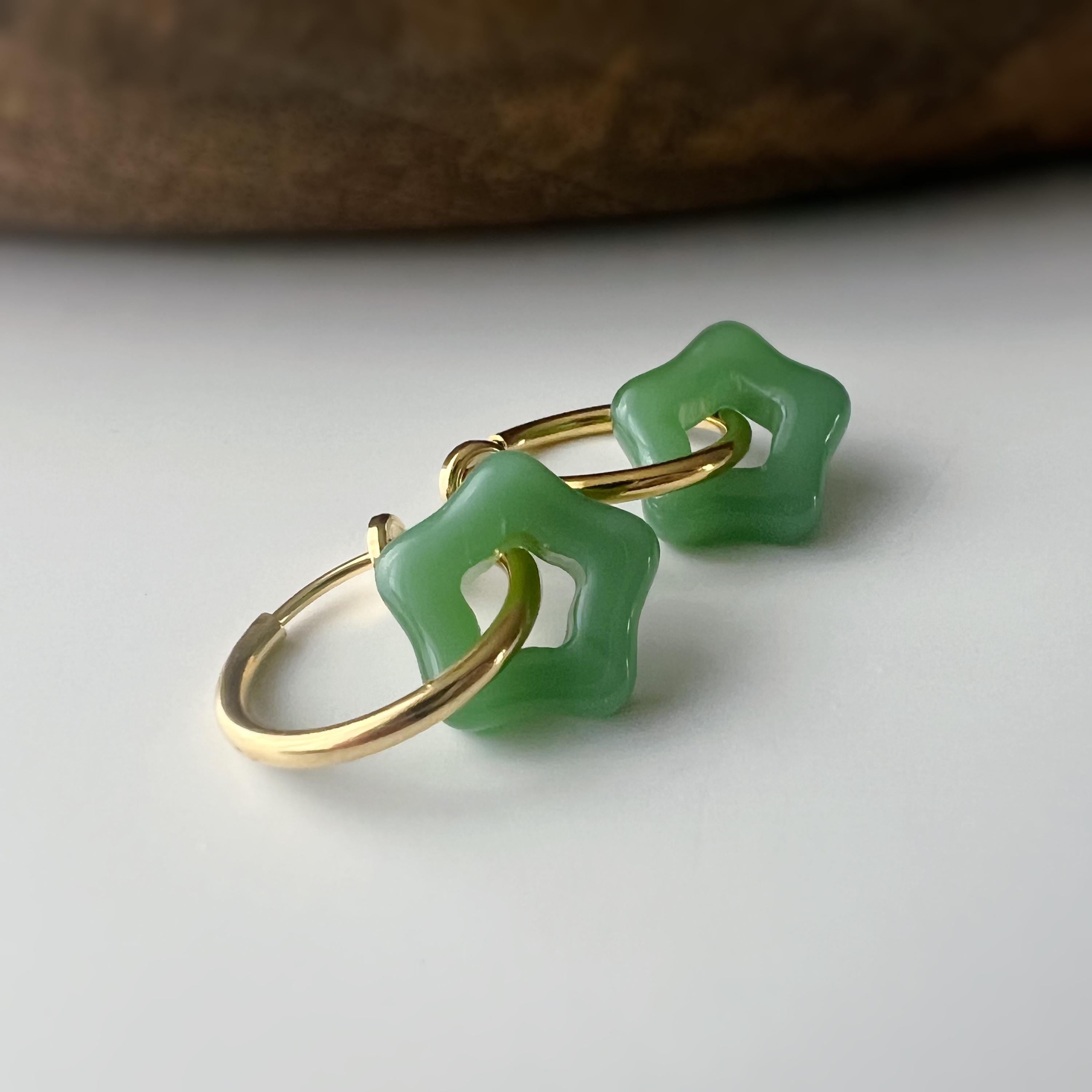 2 EN 1 Clips d'oreilles Anneau Petit étoile verre couleur blanc jaune jade vert Créole Clips 15mm Argent/ Or Confortable Oreilles non percée
