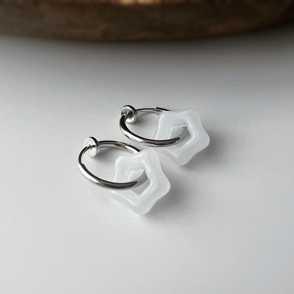 2 EN 1 Clips d'oreilles Anneau Petit étoile verre couleur blanc jaune jade vert Créole Clips 15mm Argent/ Or Confortable Oreilles non percée