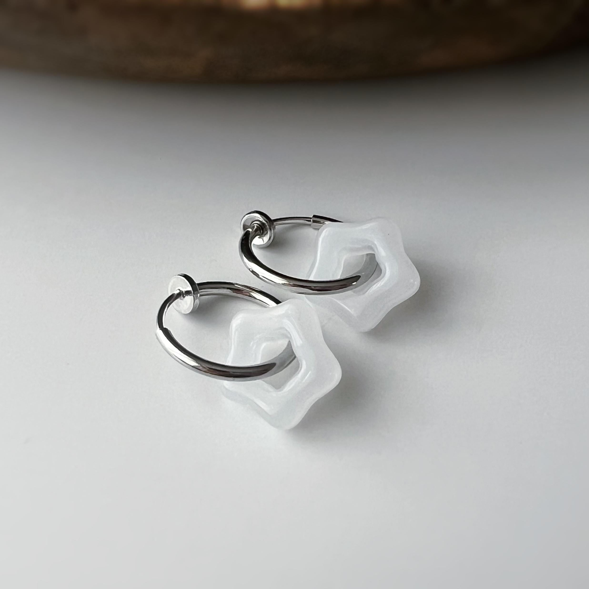 2 EN 1 Clips d'oreilles Anneau Petit étoile verre couleur blanc jaune jade vert Créole Clips 15mm Argent/ Or Confortable Oreilles non percée