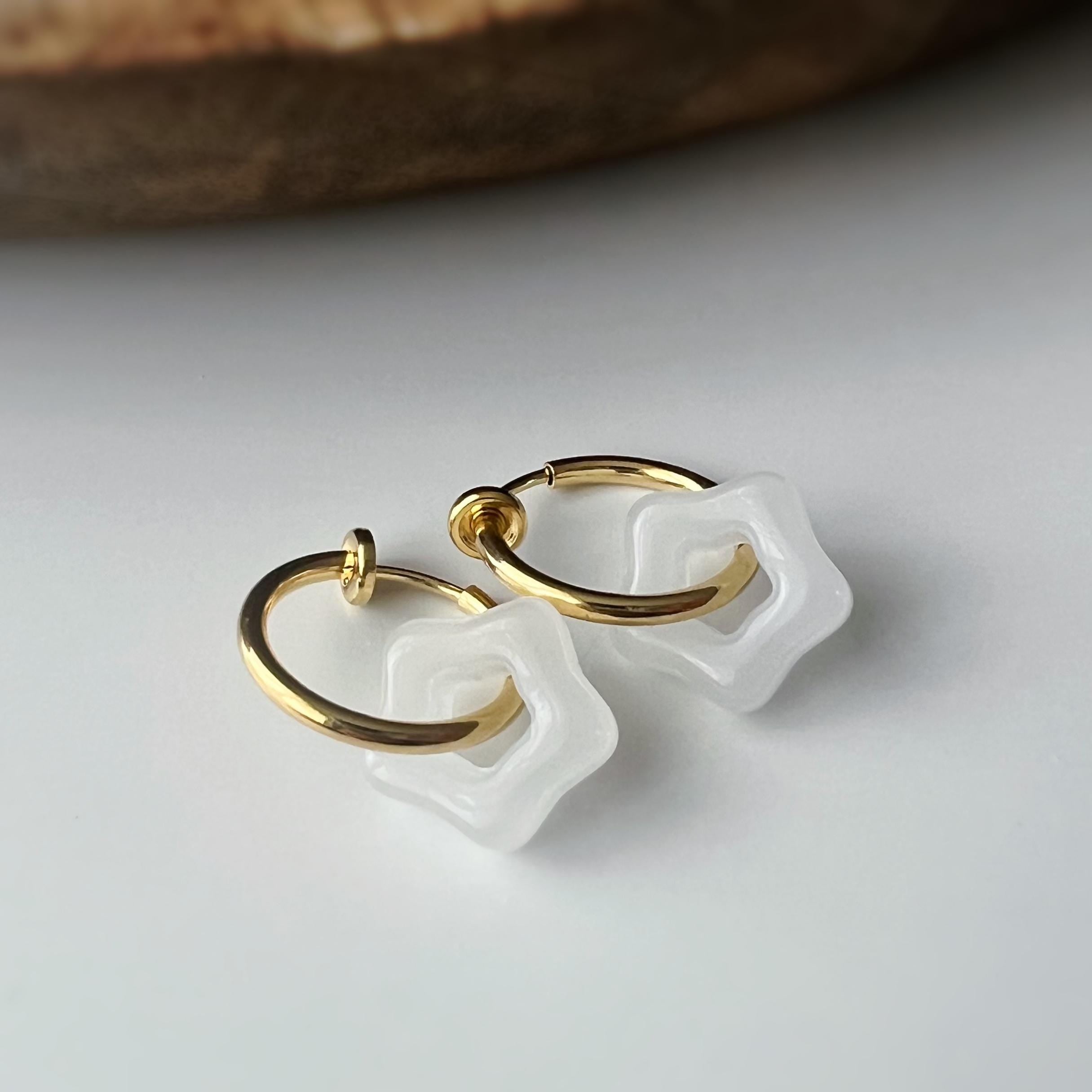 2 EN 1 Clips d'oreilles Anneau Petit étoile verre couleur blanc jaune jade vert Créole Clips 15mm Argent/ Or Confortable Oreilles non percée