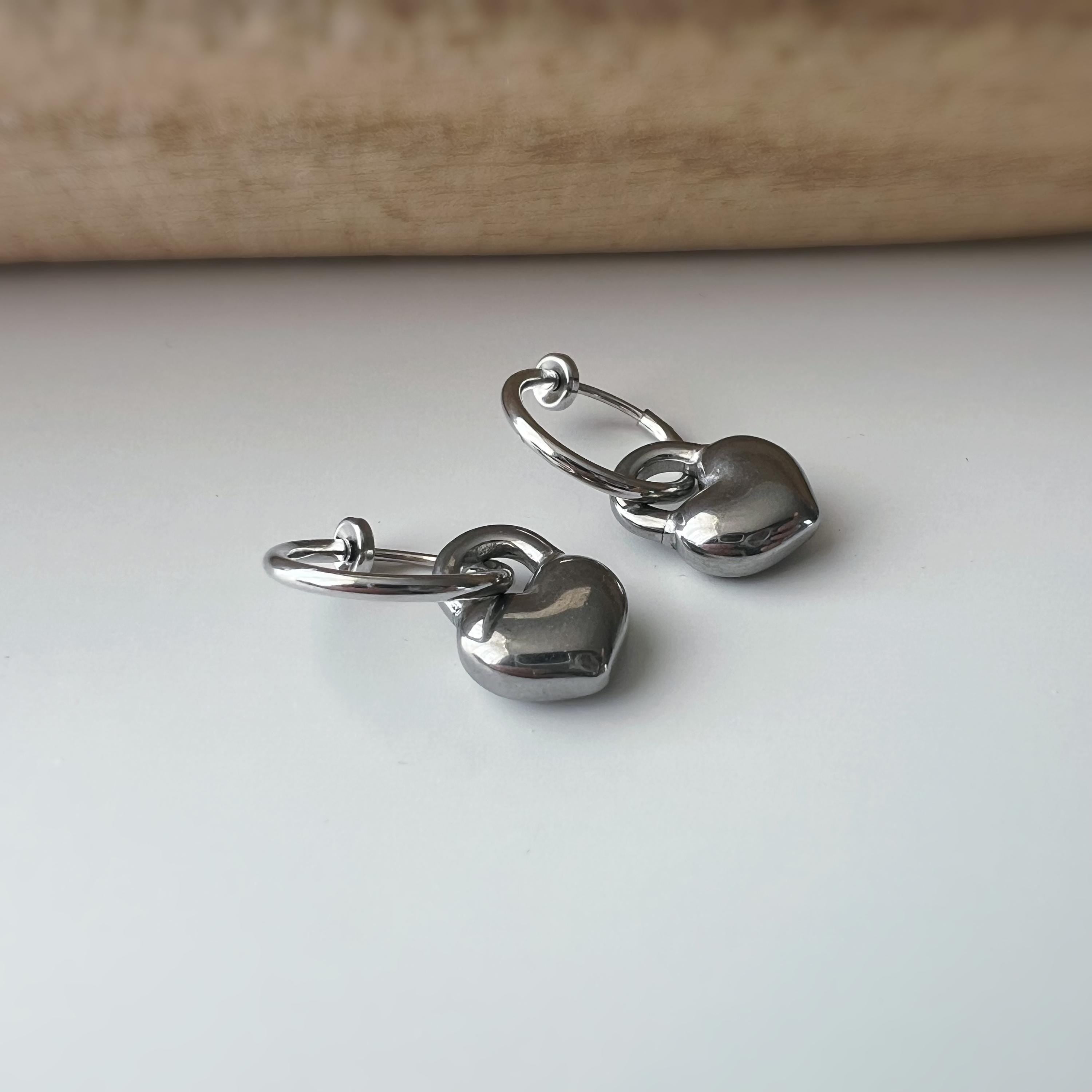 2 en 1 Boucles d'oreilles CLIPS créoles argenté 15mm Pendentif cadenas coeur offrent un style minimaliste intemporel pour toutes occasions