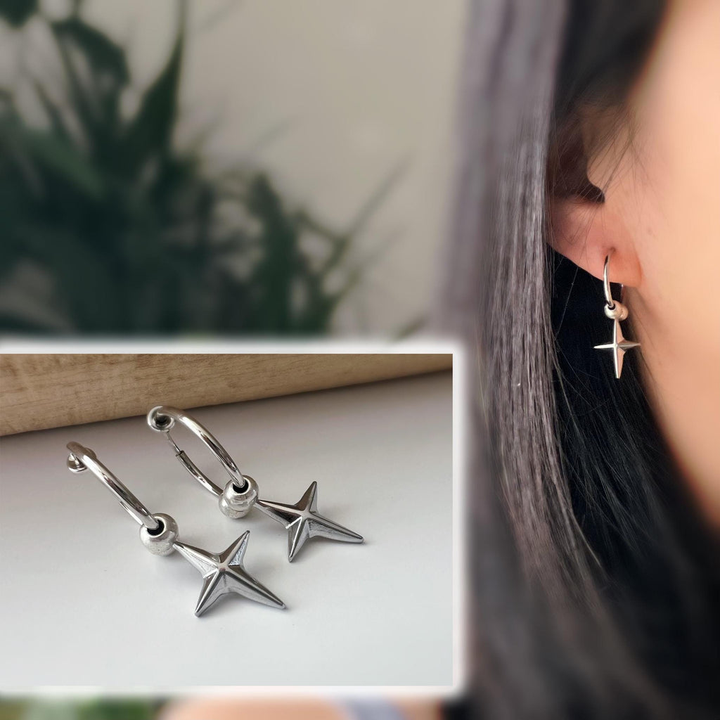 2 EN 1 Boucles d'oreilles clip Créole 18mm argent étoile Élégantes s’adaptent aux oreilles non percées Idéale pour un look chic et tendance