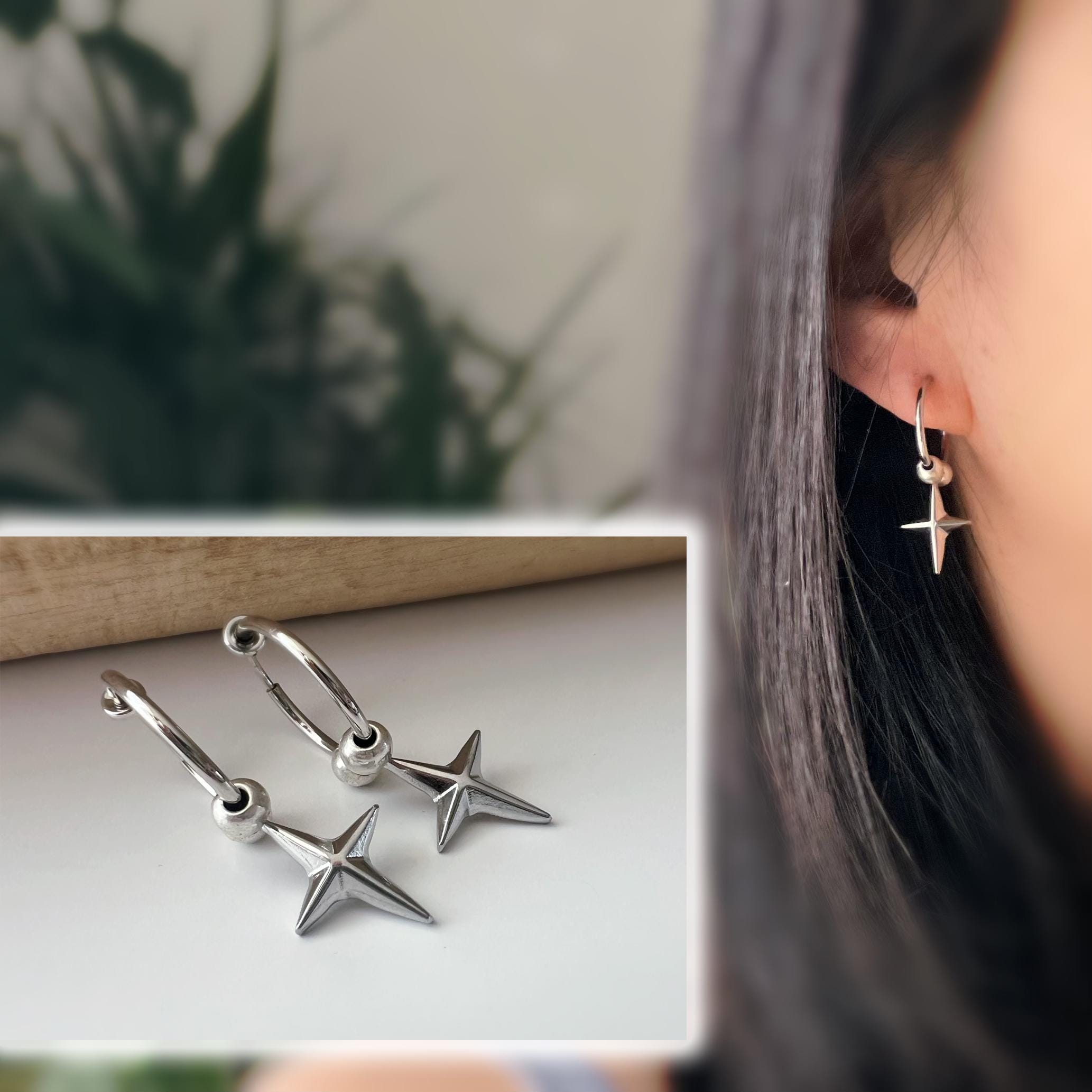 2 EN 1 Boucles d'oreilles clip Créole 18mm argent étoile Élégantes s’adaptent aux oreilles non percées Idéale pour un look chic et tendance