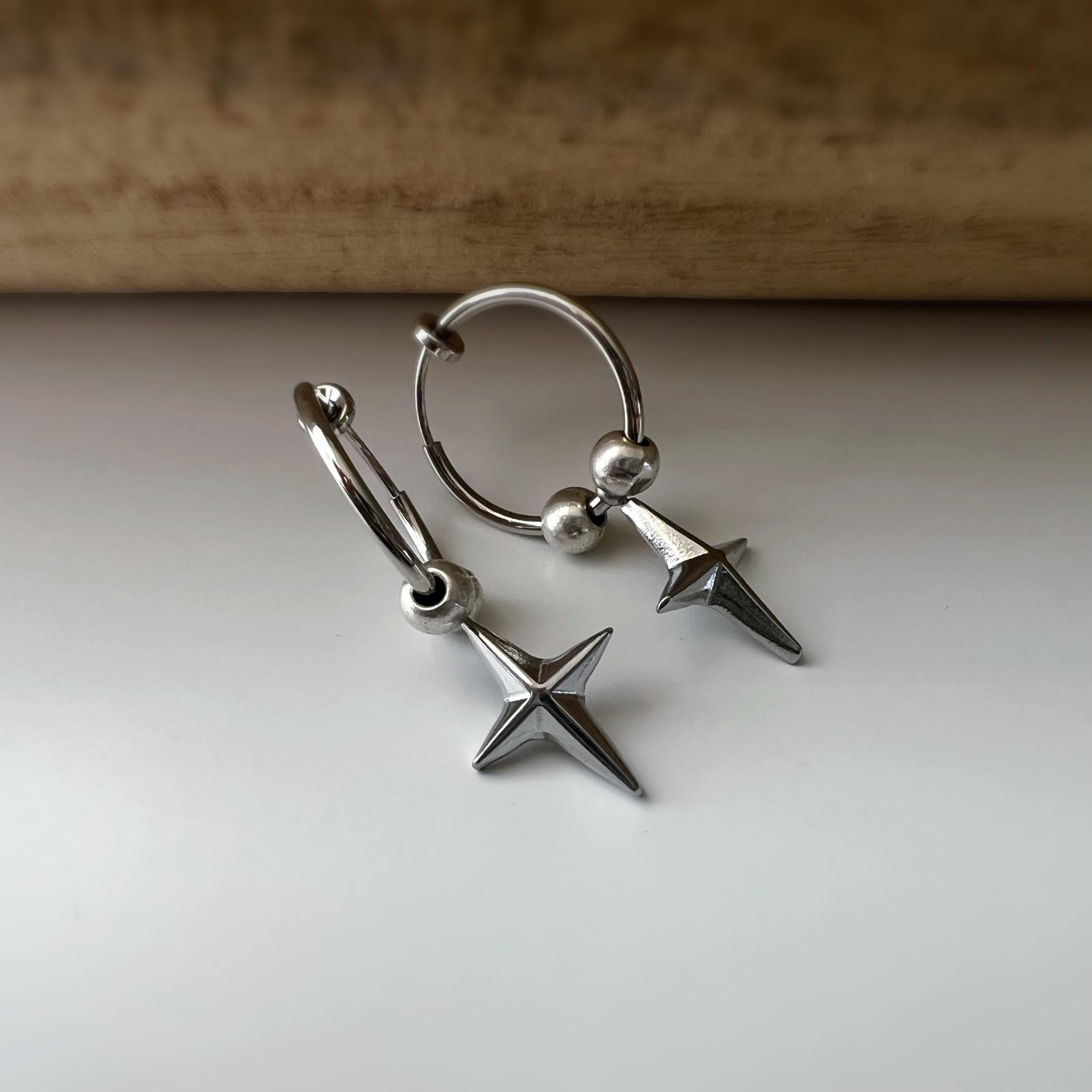 2 EN 1 Boucles d'oreilles clip Créole 18mm argent étoile Élégantes s’adaptent aux oreilles non percées Idéale pour un look chic et tendance