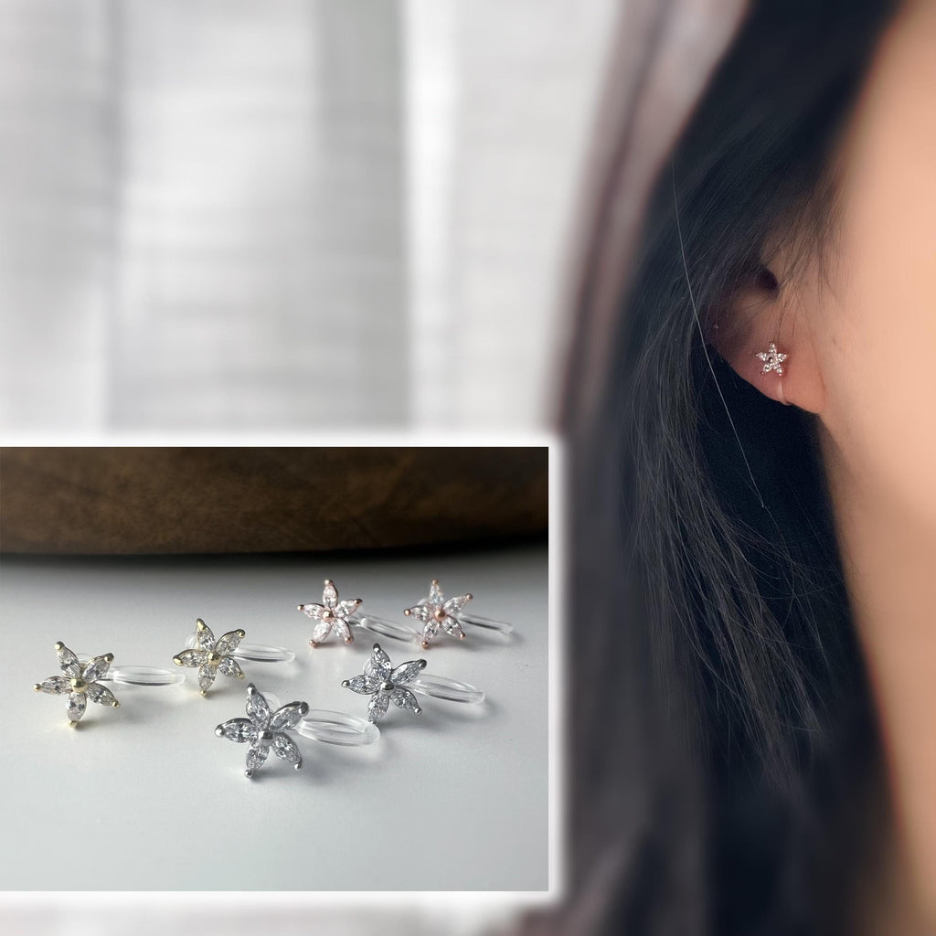 Mini Boucles d'oreilles clip fleur scintillante or/ argent/ or rose. Élégantes, elles ajoutent une touche raffinée à votre look.