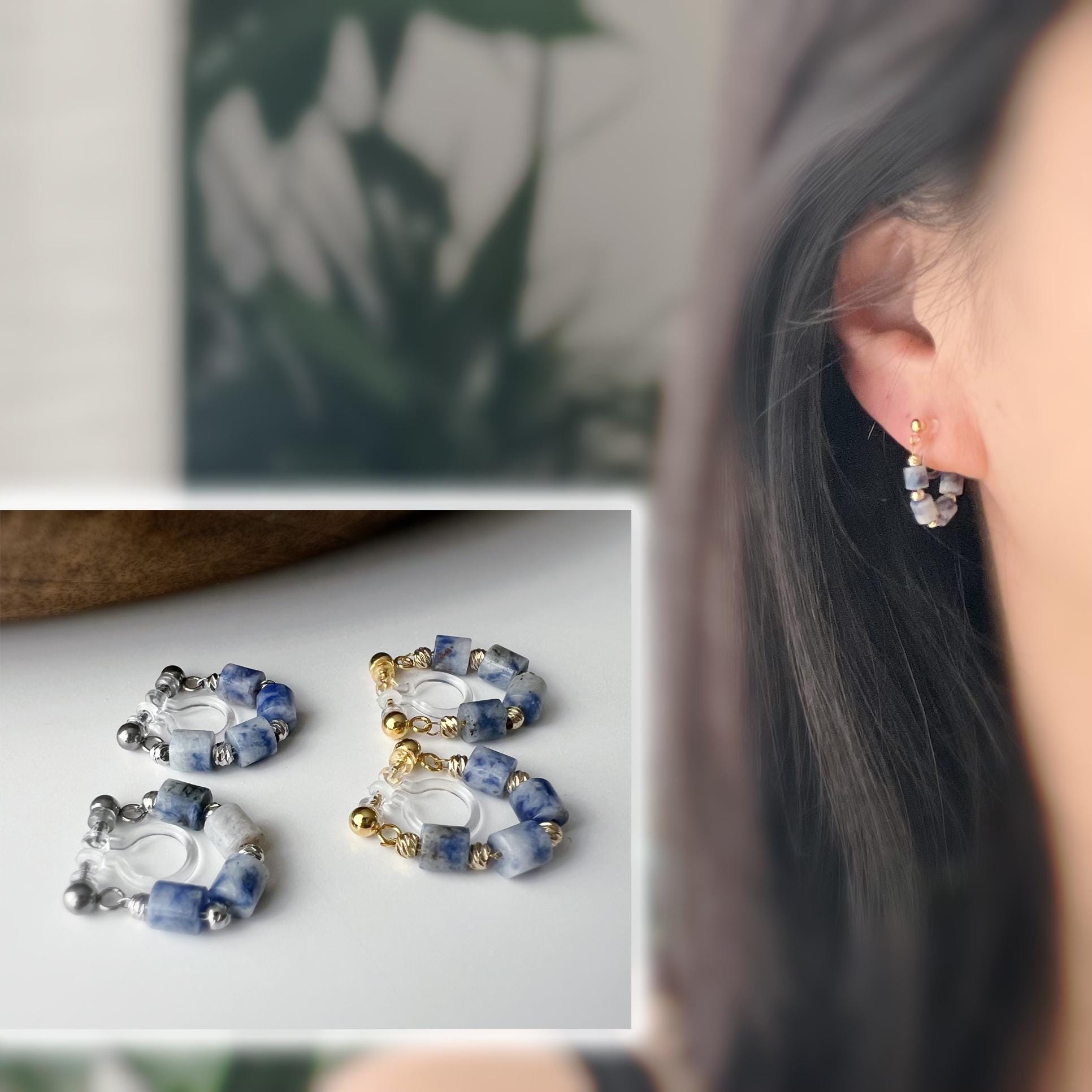 Boucles d'oreilles clip élégantes Perles cylindriques pierres bleues Mini perles gravées dorées /argentées. Confortable look raffiné naturel